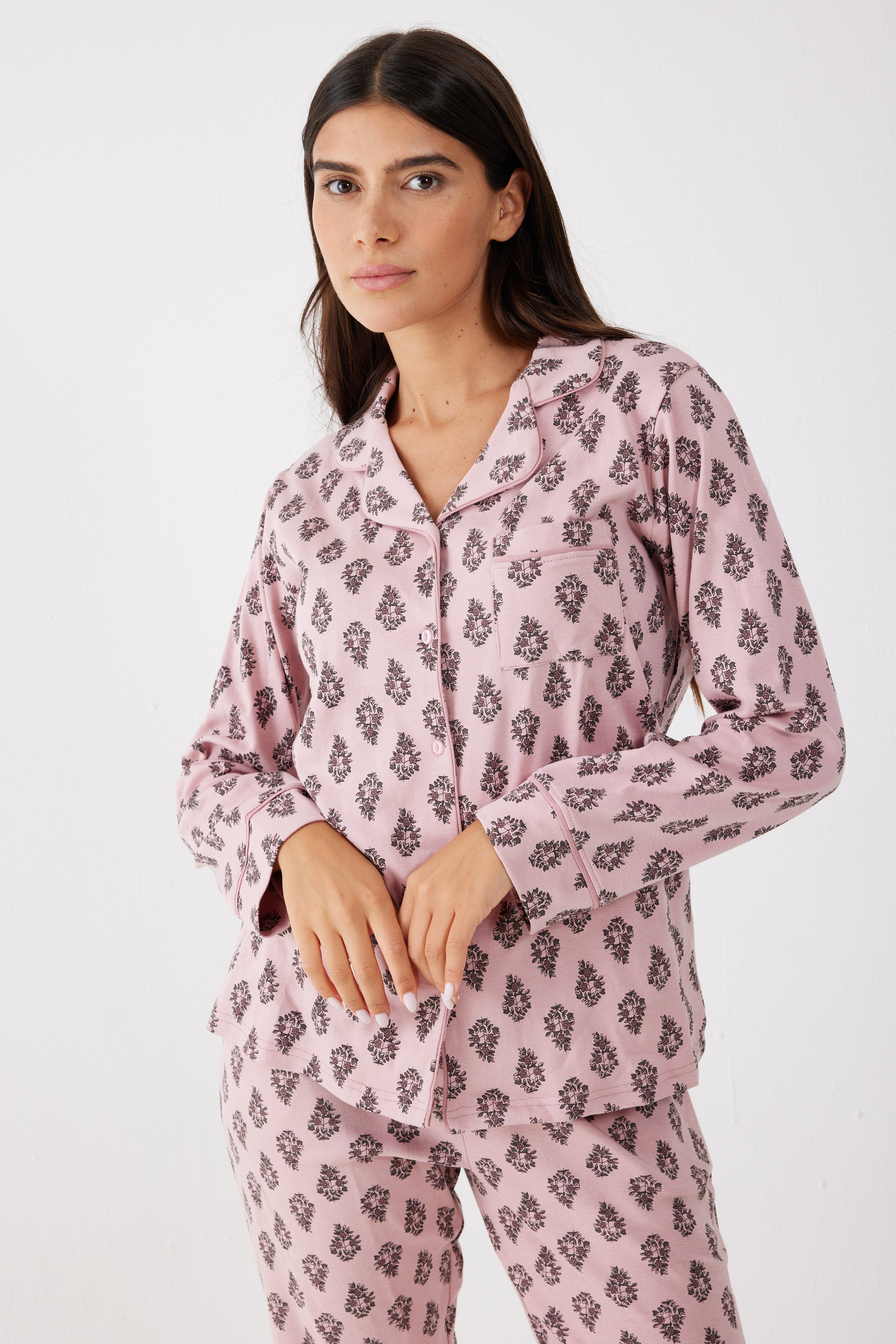 פיג'מה מכופתרת 100% כותנה - סגול מעושן