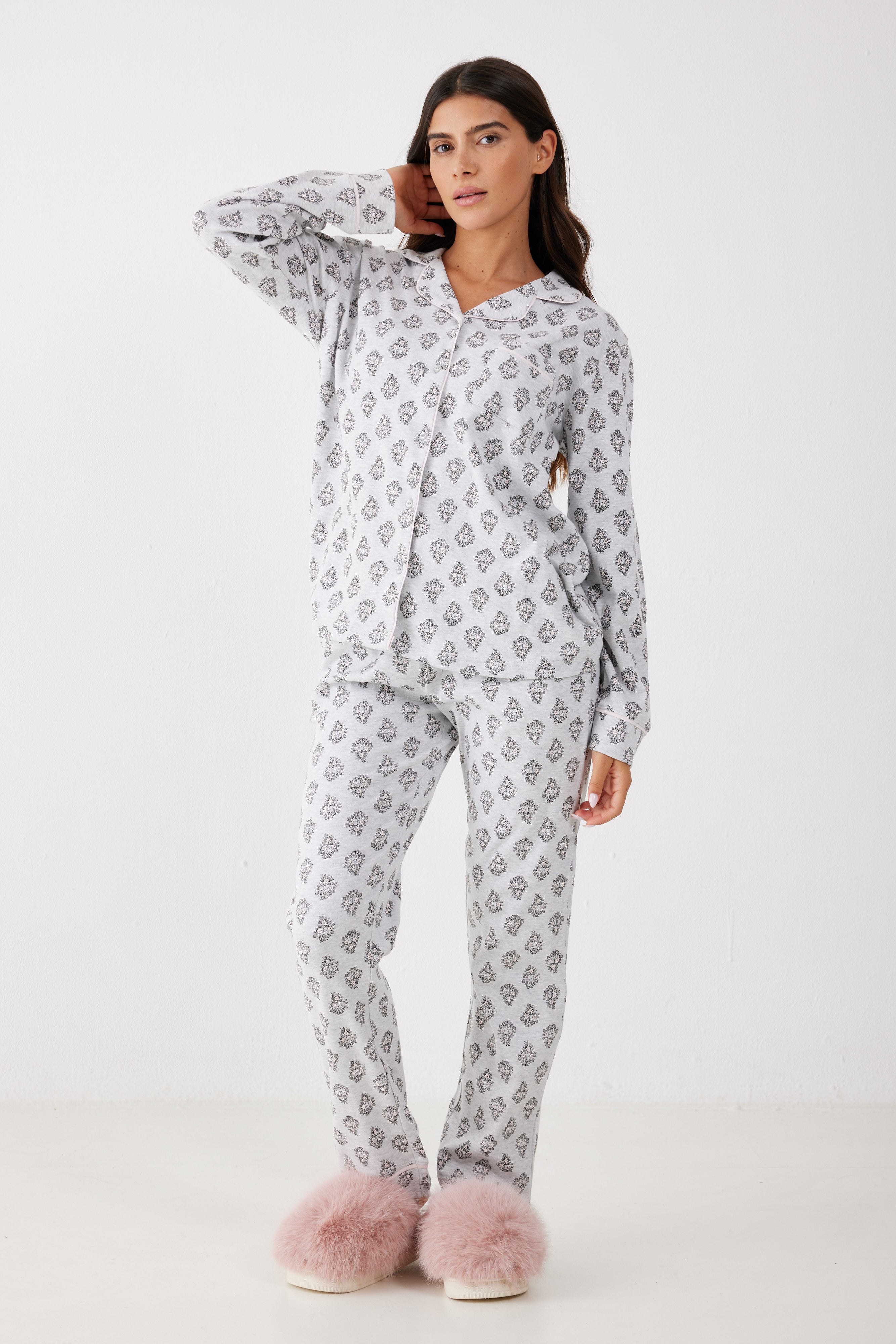 פיג'מה מכופתרת 100% כותנה - אפור מלאנז