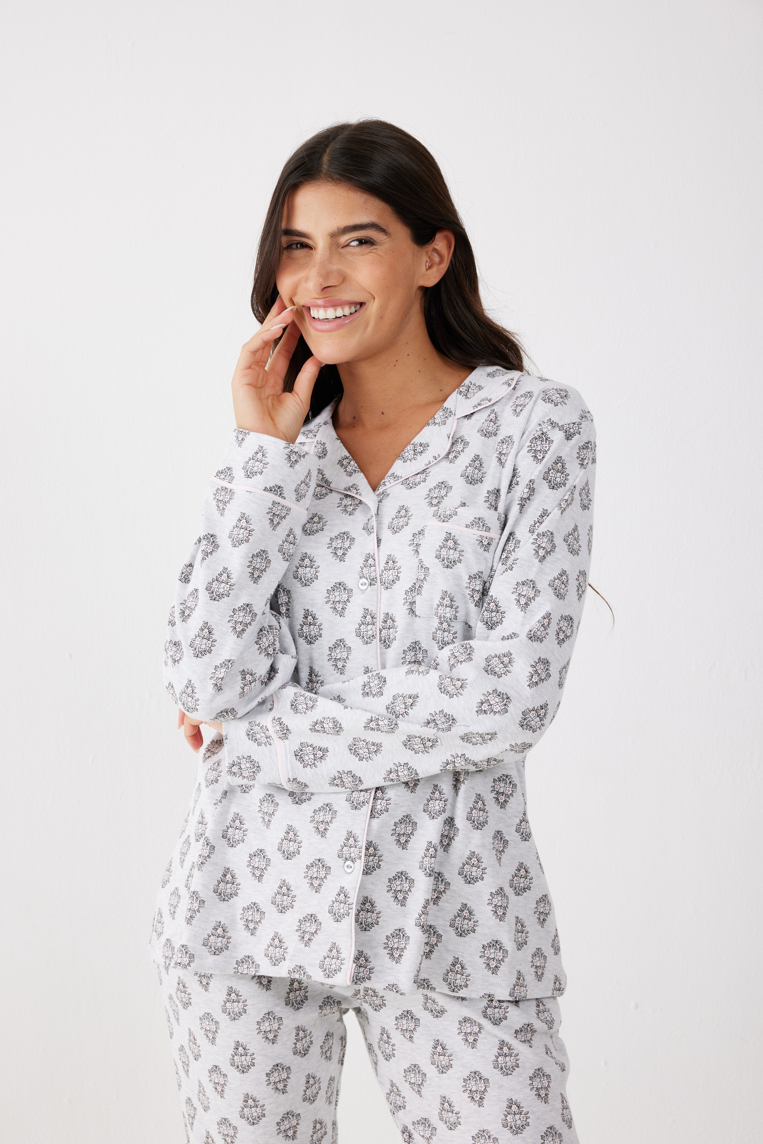 פיג'מה מכופתרת 100% כותנה - אפור מלאנז