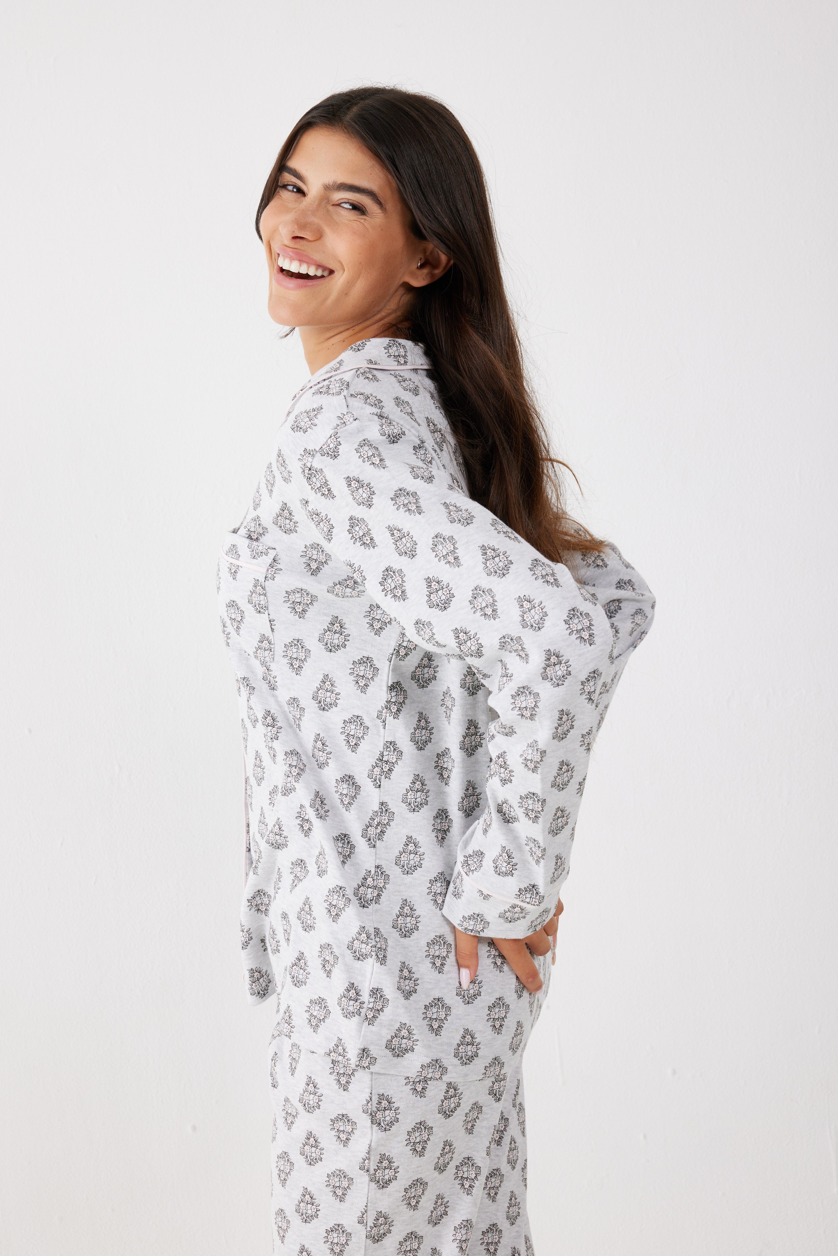 פיג'מה מכופתרת 100% כותנה - אפור מלאנז