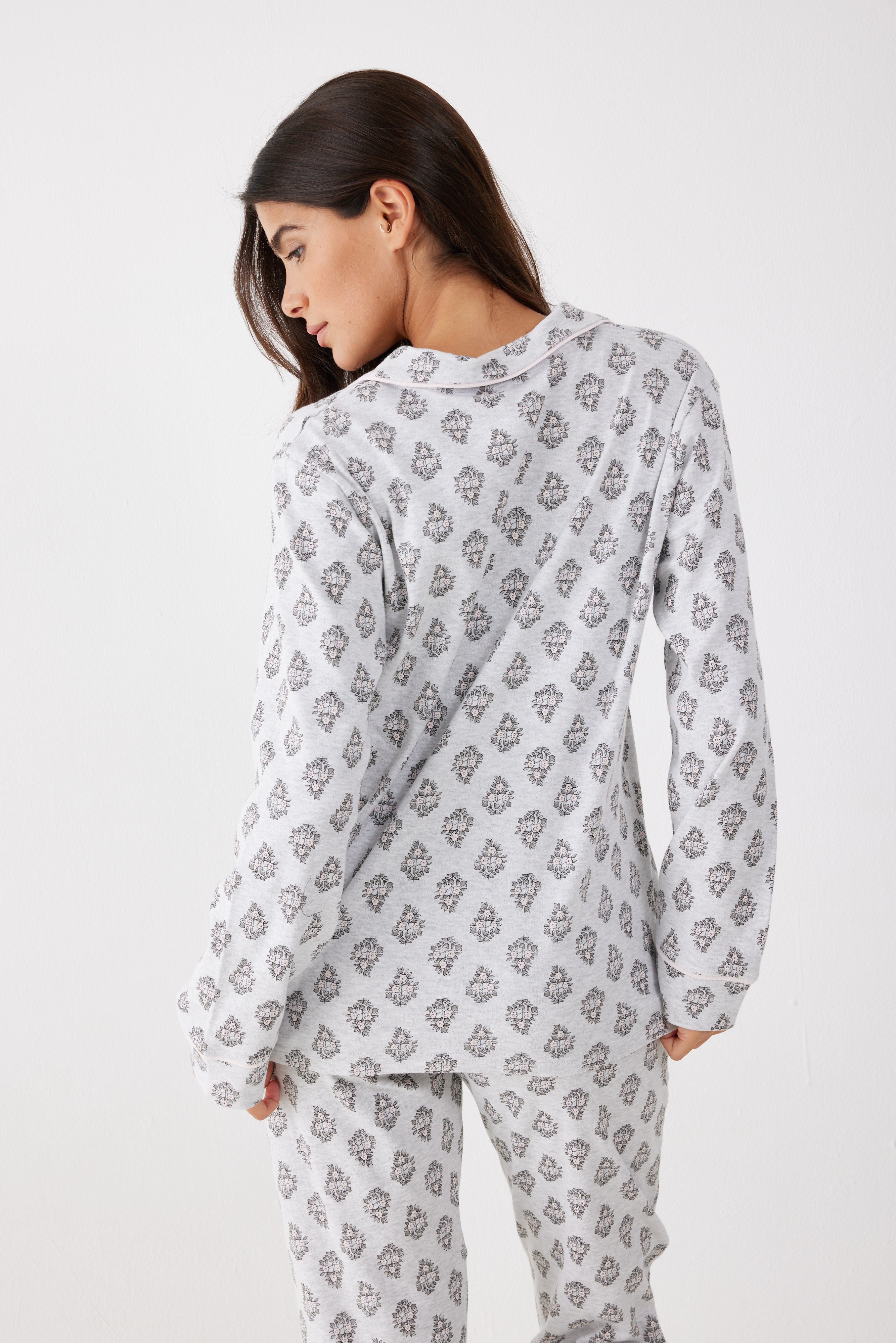 פיג'מה מכופתרת 100% כותנה - אפור מלאנז