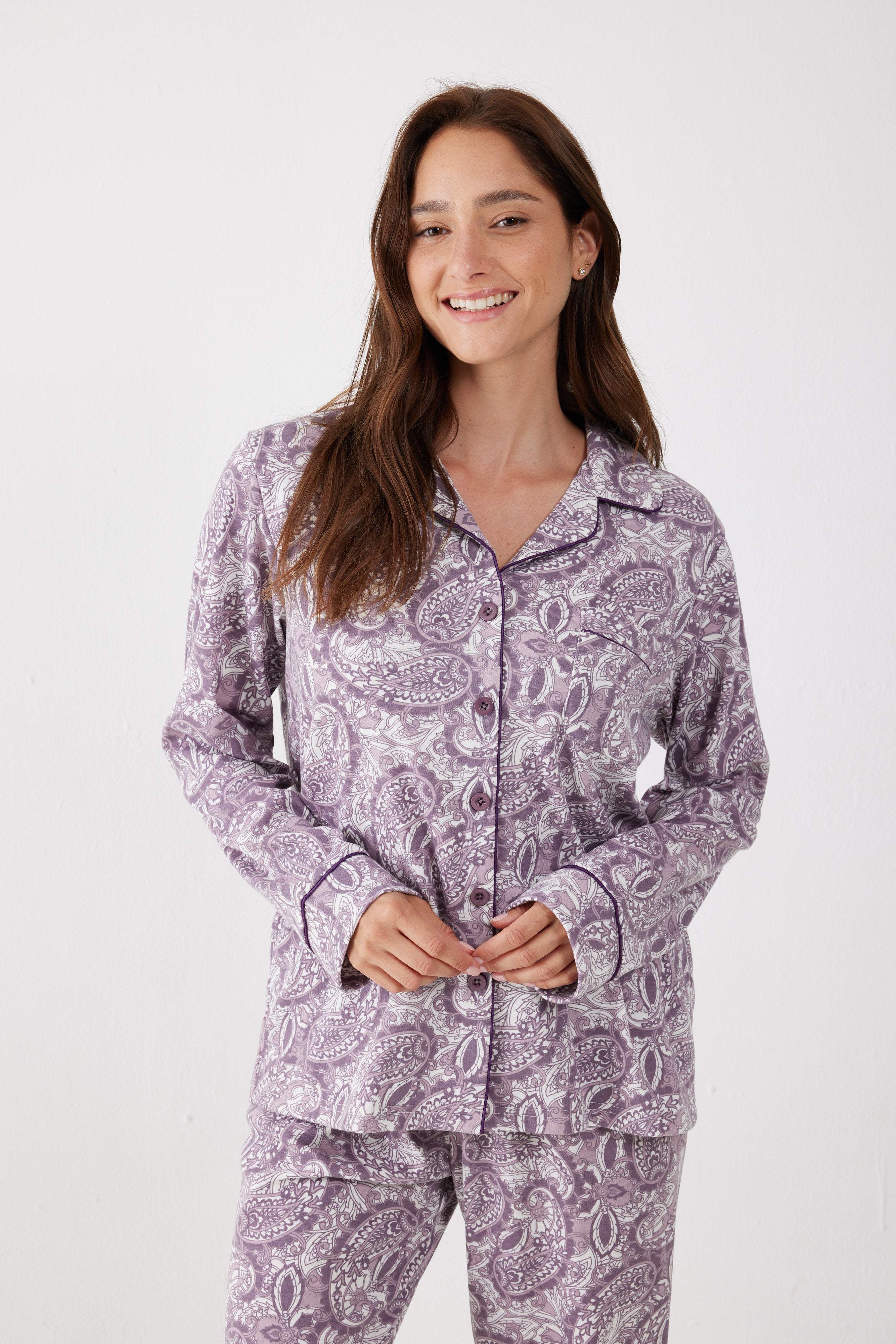 פיג'מה אינטרלוק מכופתרת - סגול