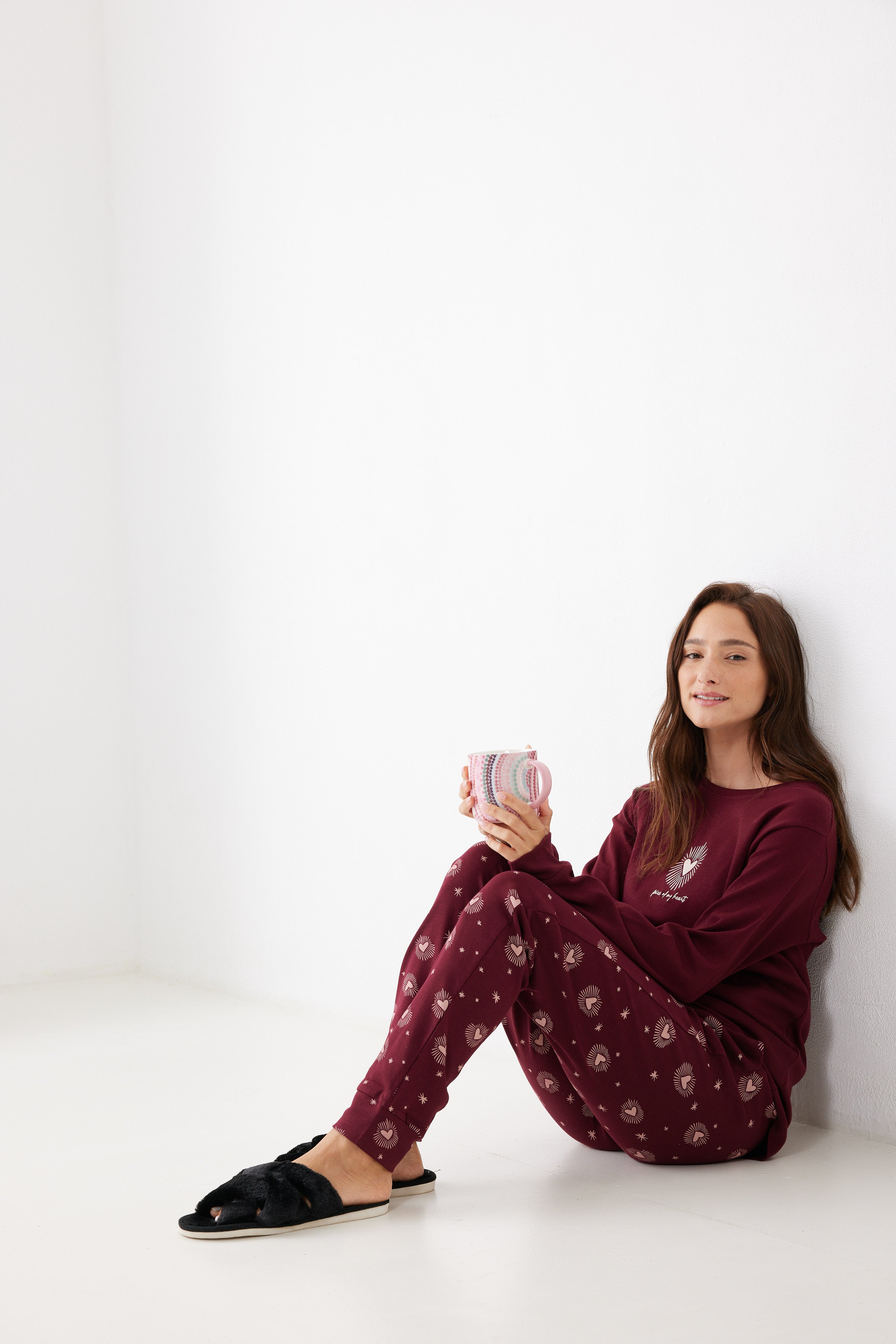 פיג'מה 100% כותנה - בורדו