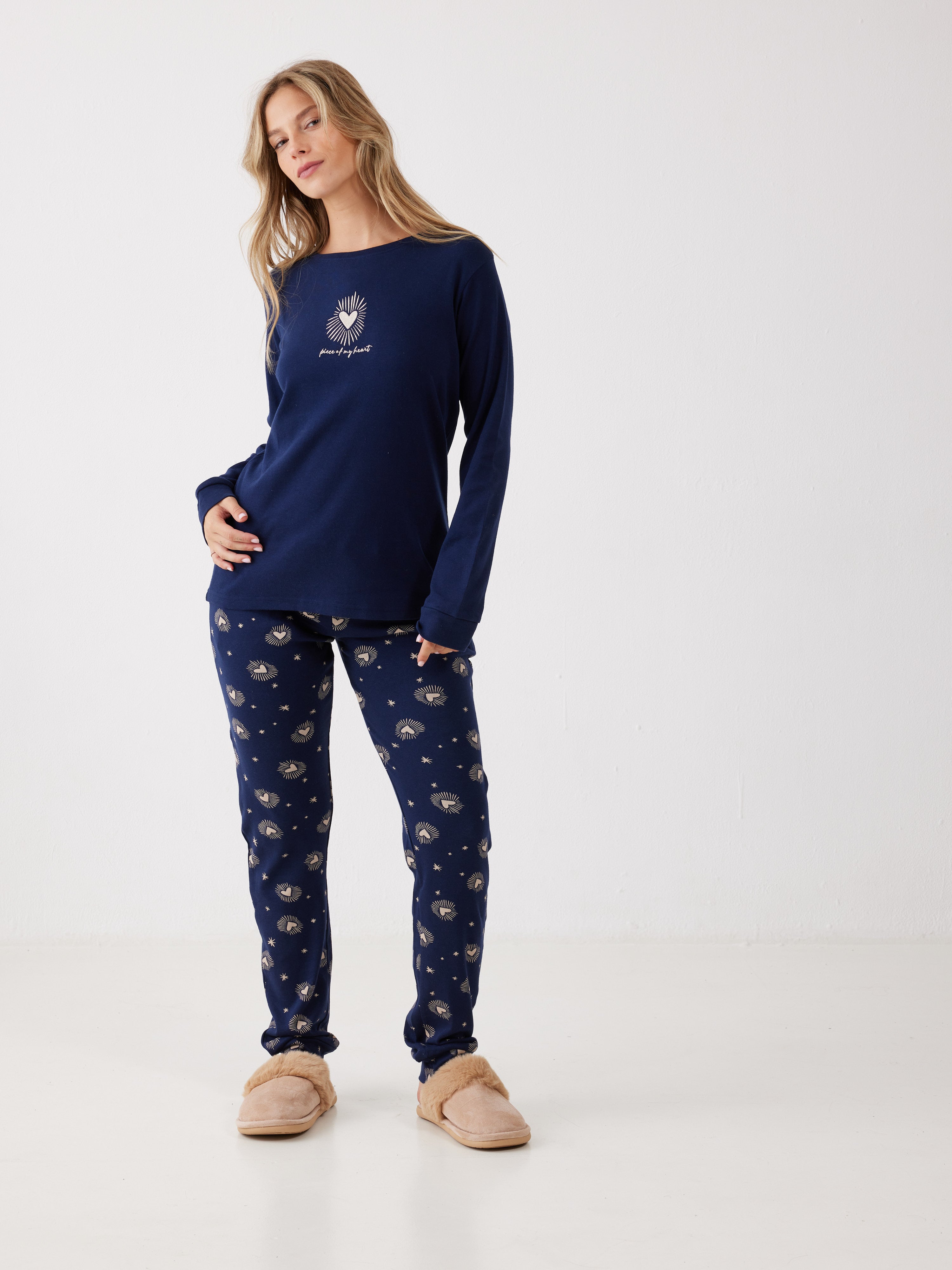 פיג'מה 100% כותנה - כחול נייבי