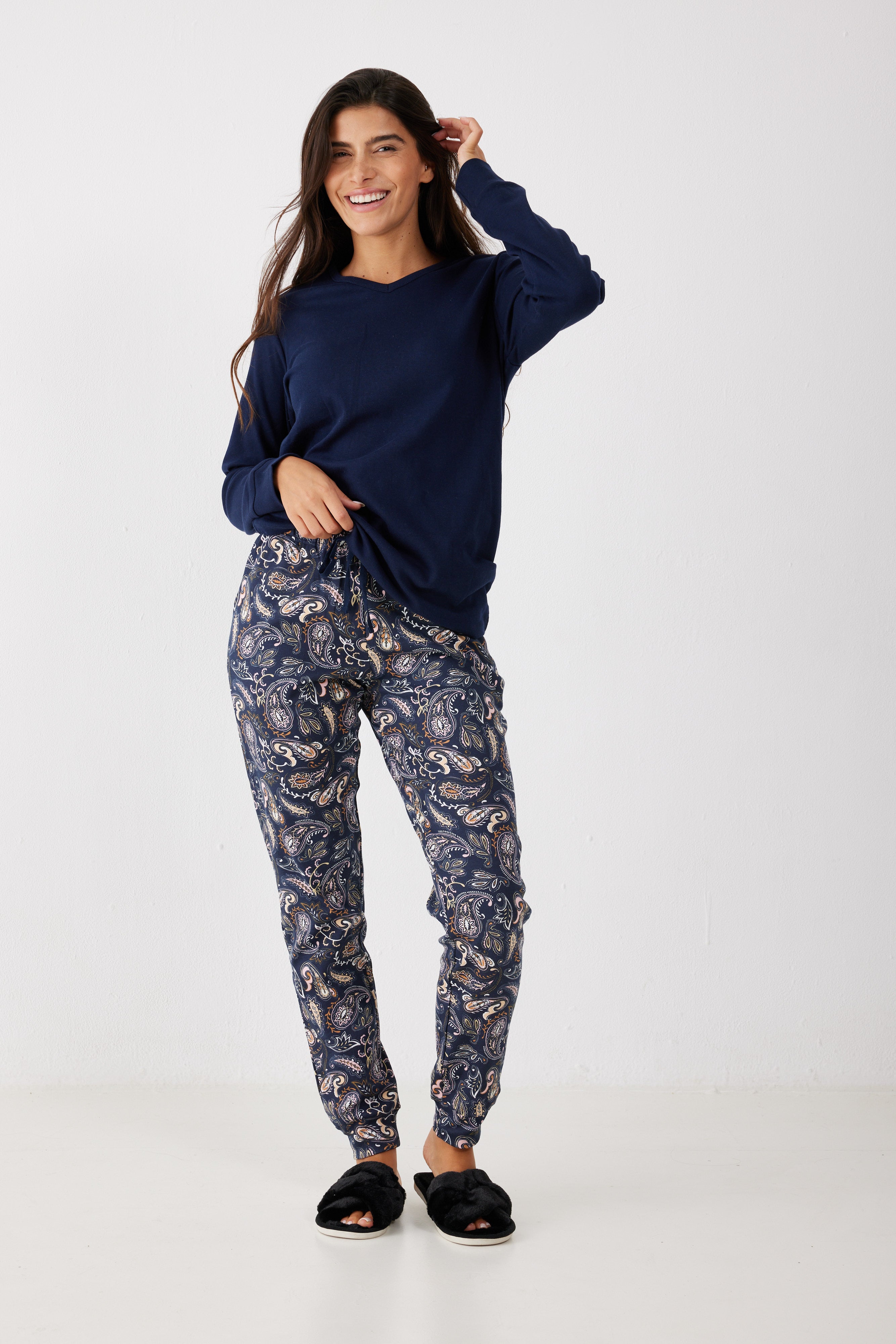 פיג'מה כותנה - כחול נייבי