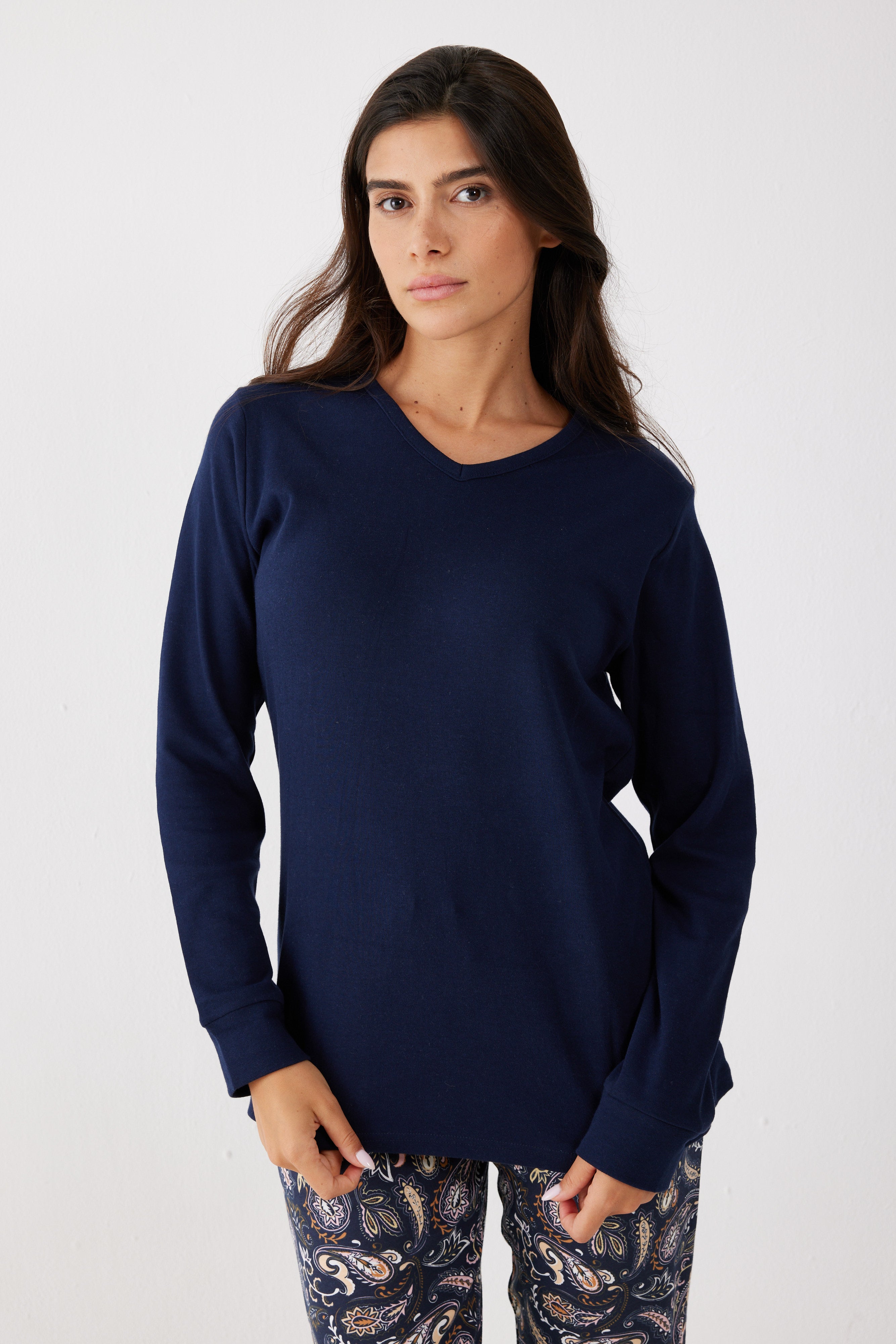 פיג'מה כותנה - כחול נייבי