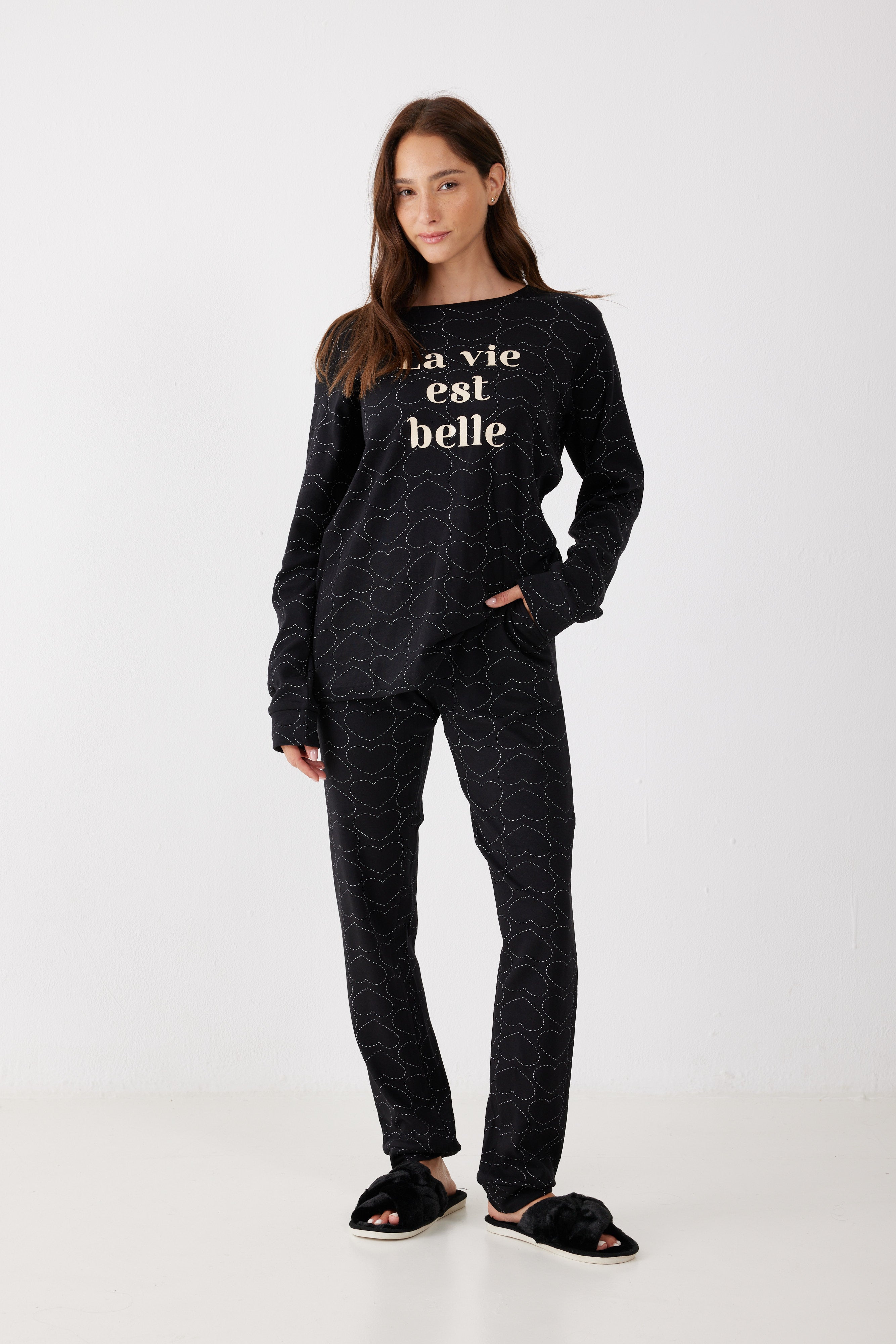 פיג'מה 100% כותנה - שחור