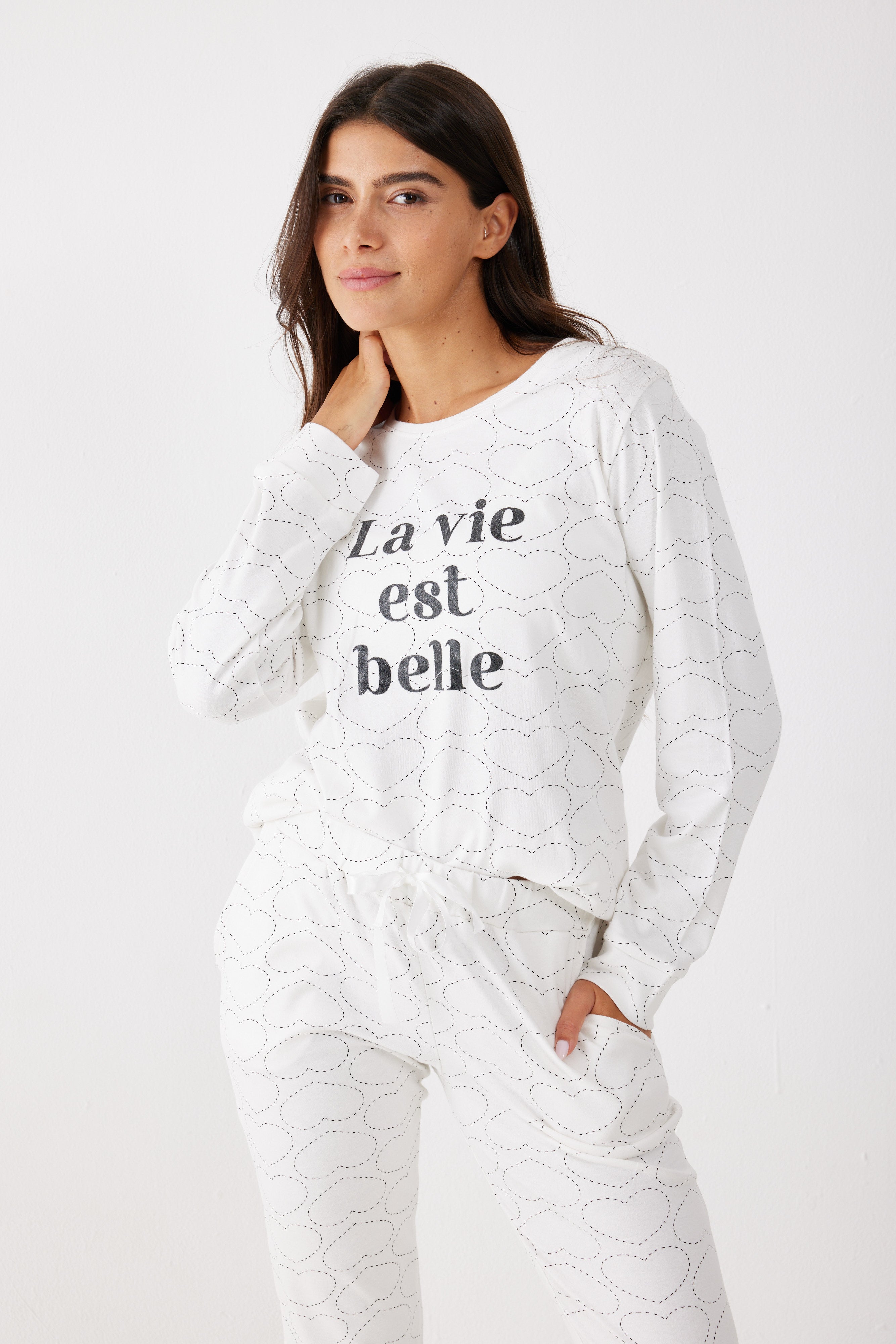 פיג'מה 100% כותנה - שמנת