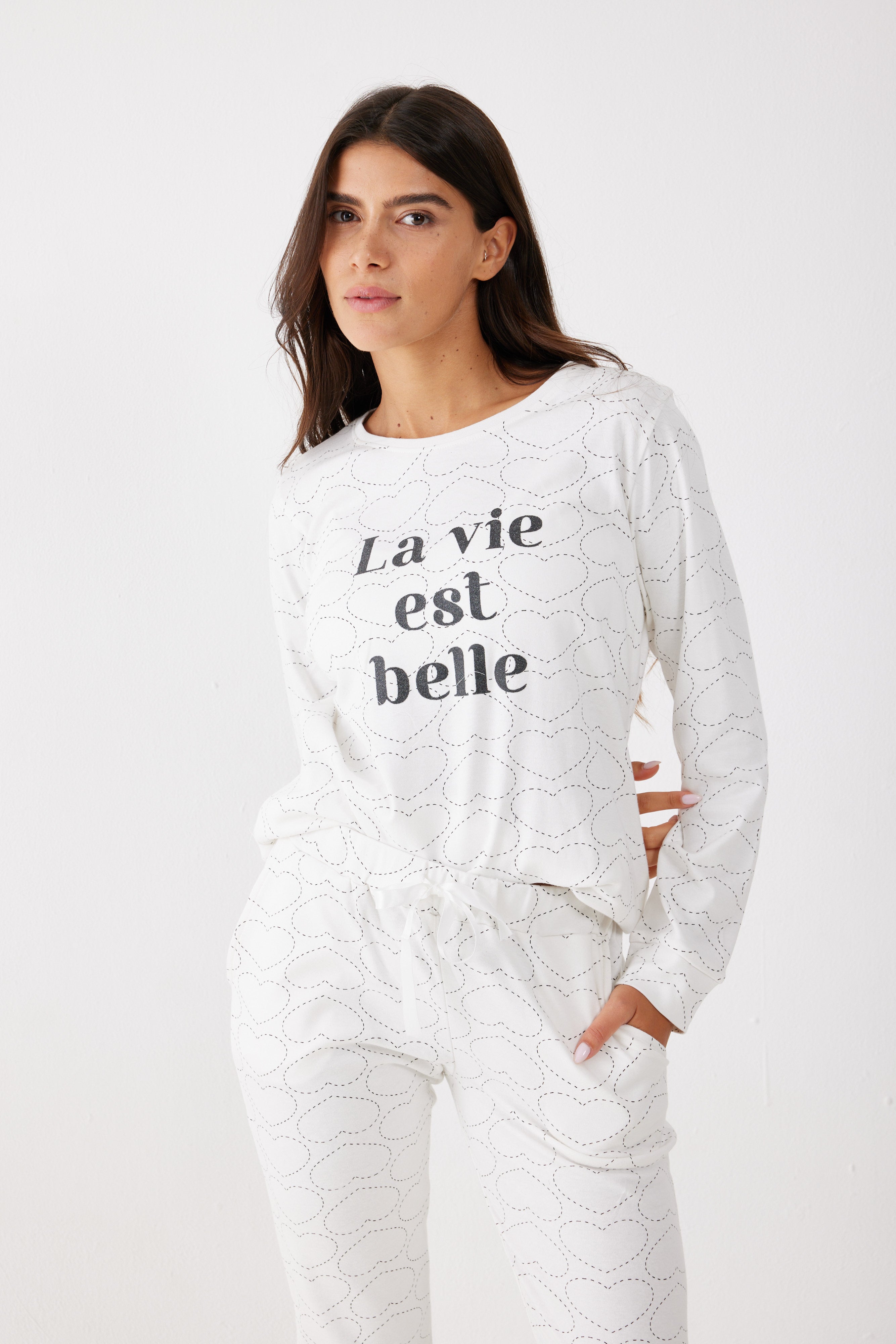 פיג'מה 100% כותנה - שמנת