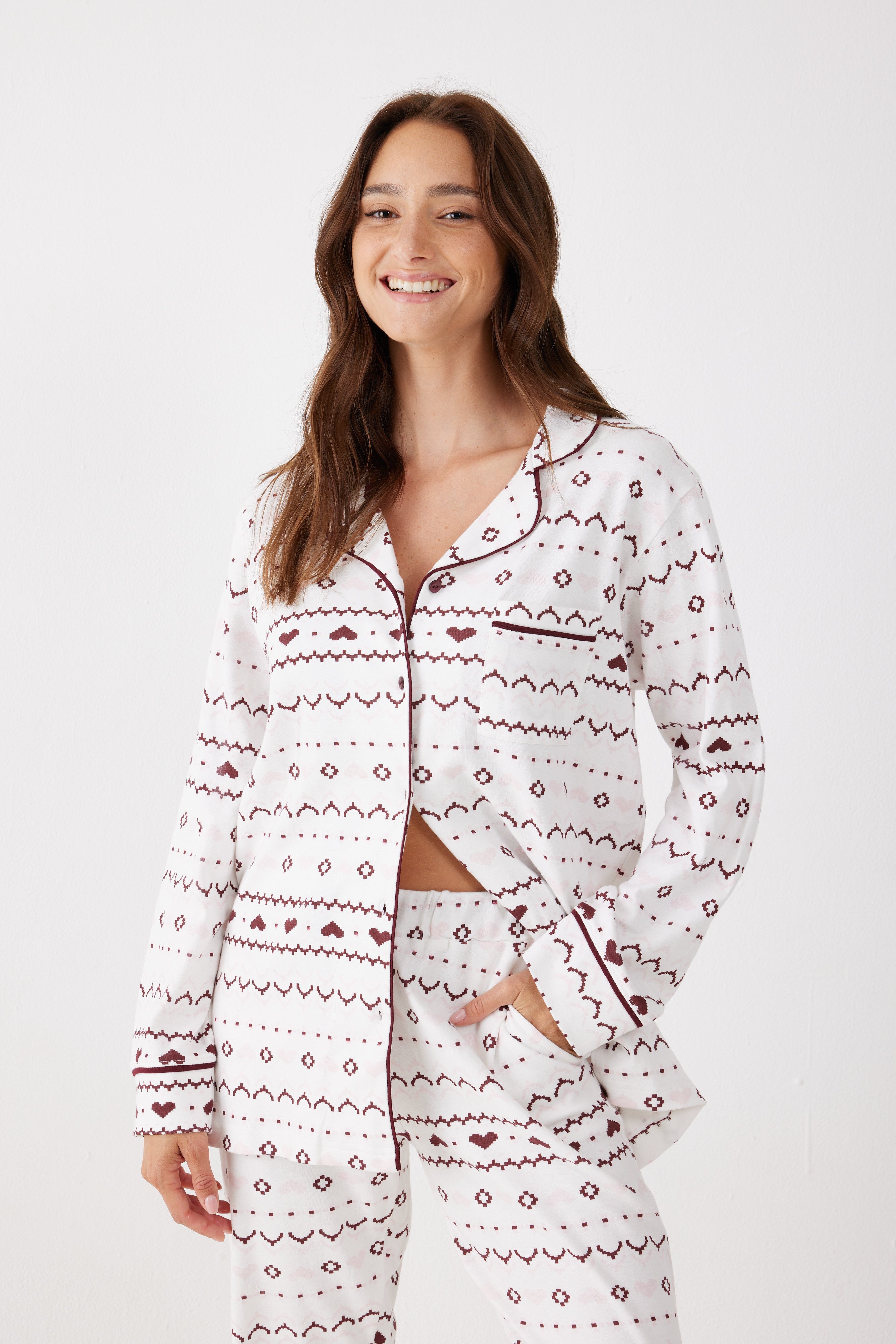 פיג'מה לבבות מכופתרת כותנה 100% כותנה