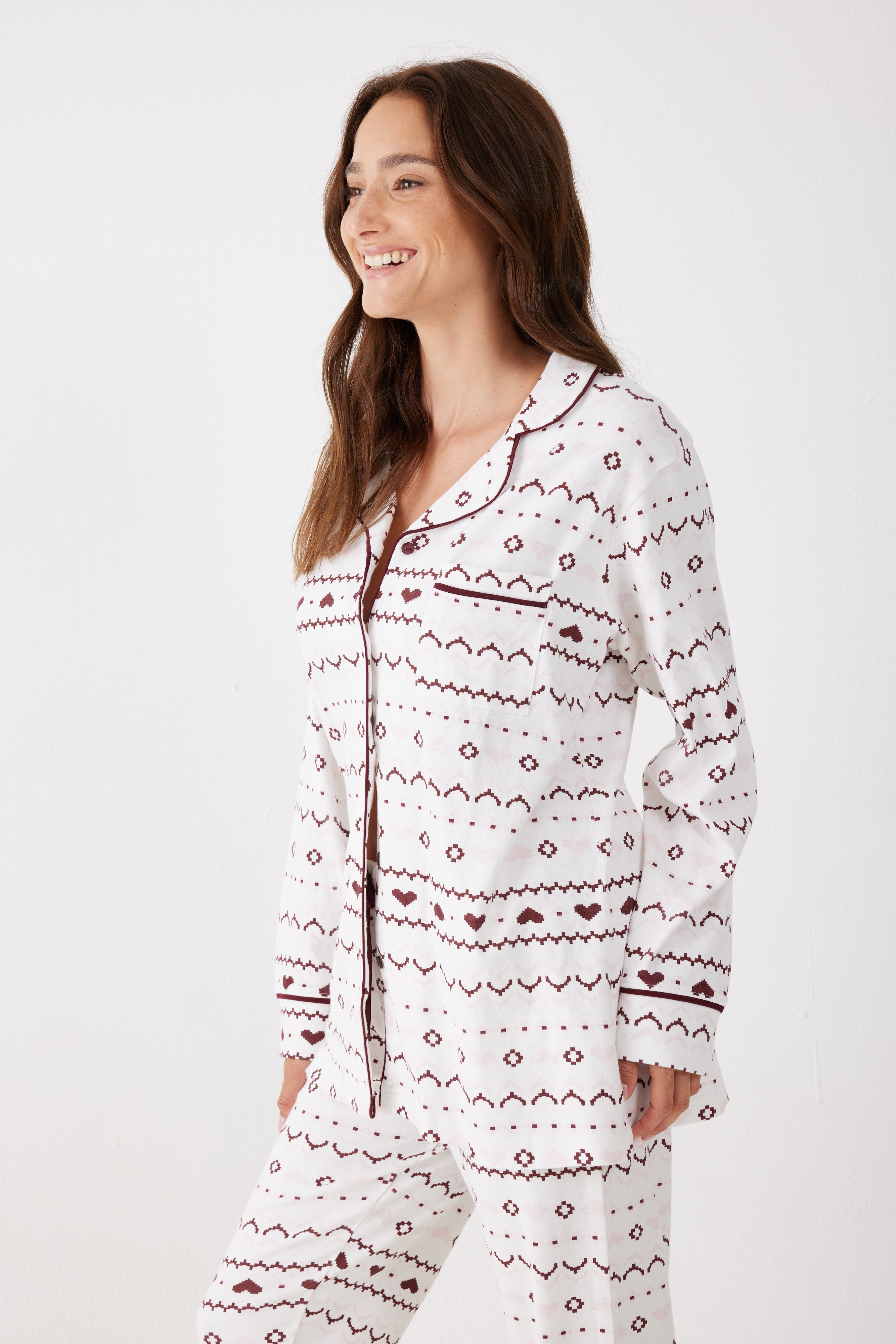 פיג'מה לבבות מכופתרת כותנה 100% כותנה