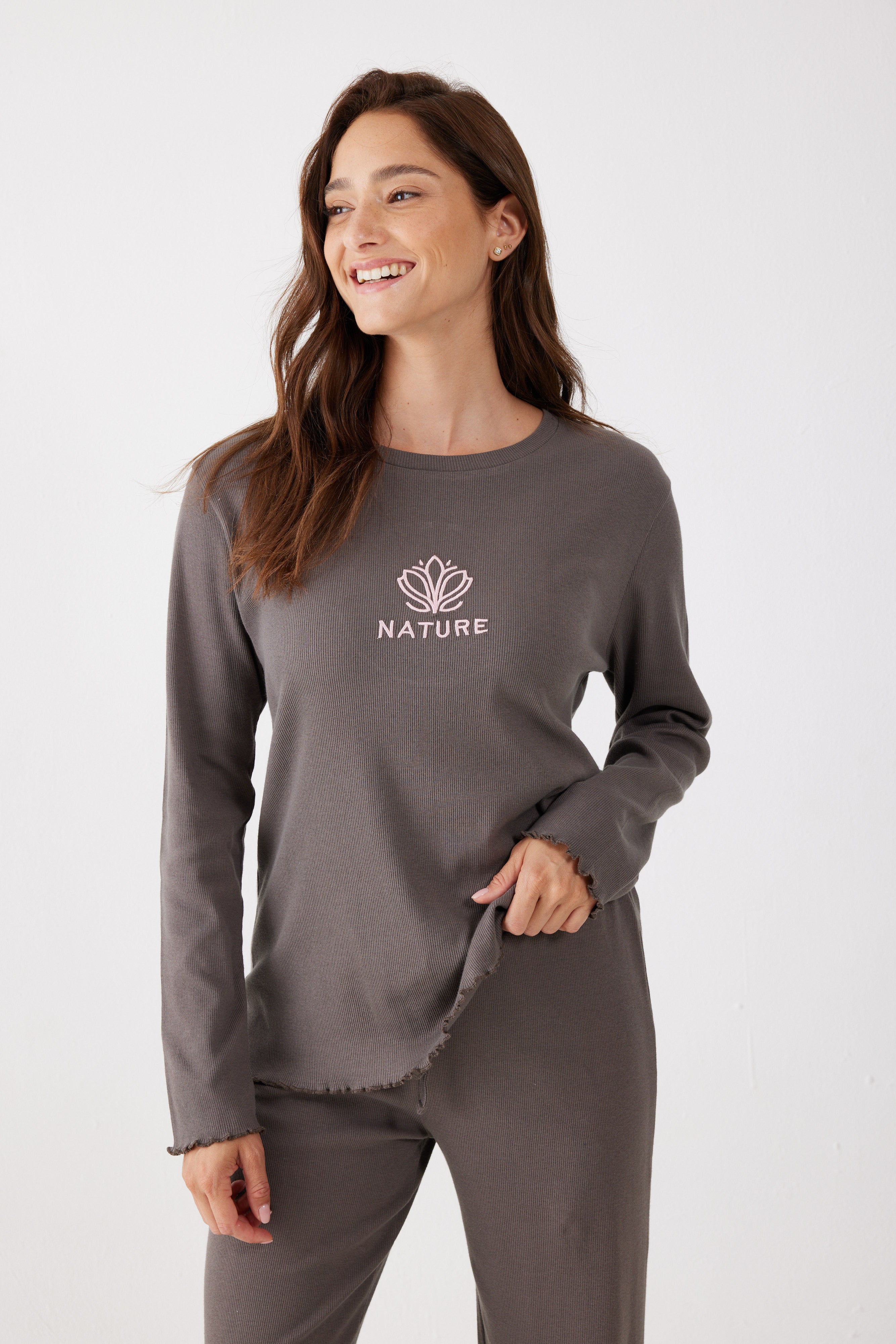 פיג'מה ריב כותנה - חום