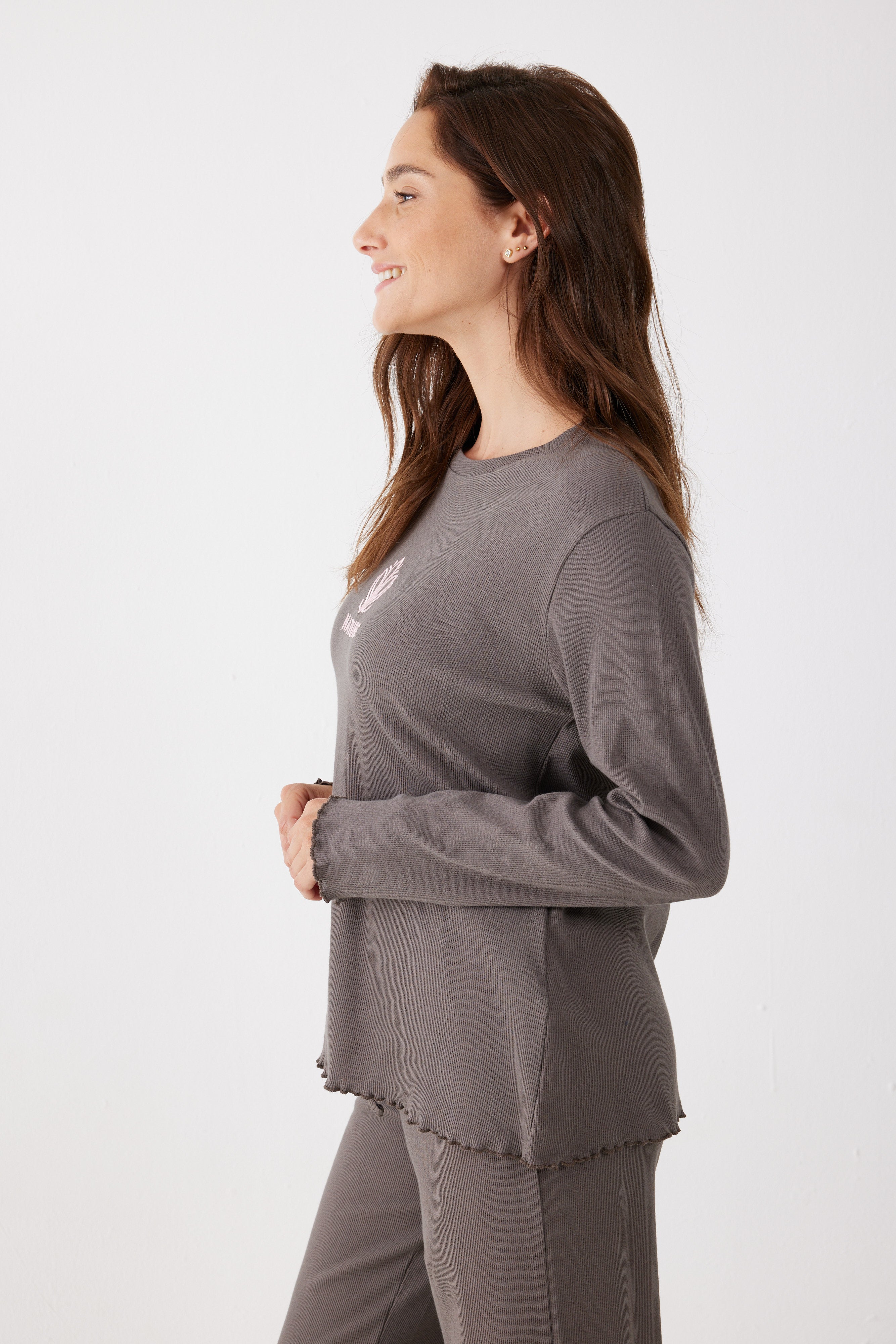 פיג'מה ריב כותנה - חום