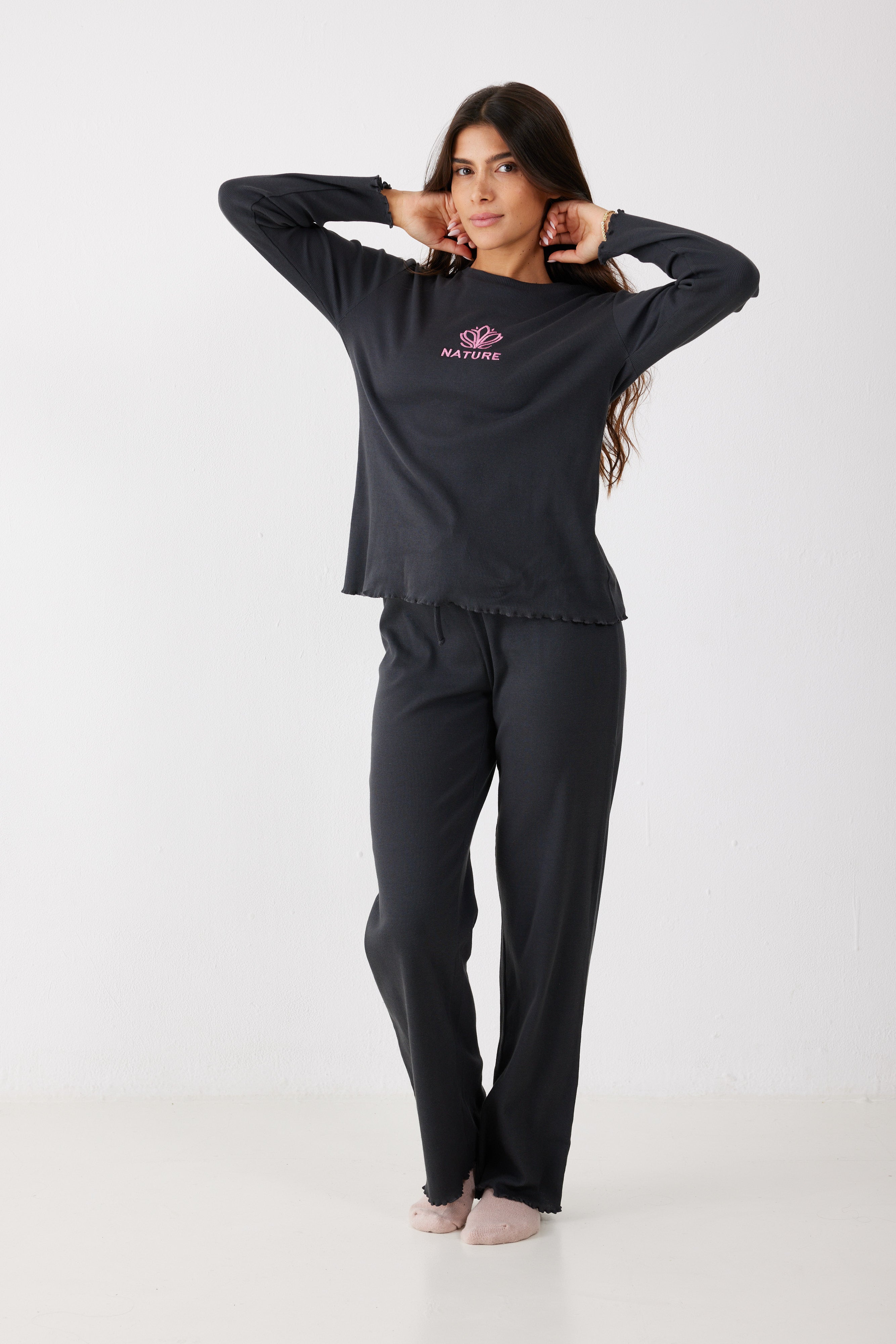 פיג'מה ריב כותנה - אפור כהה