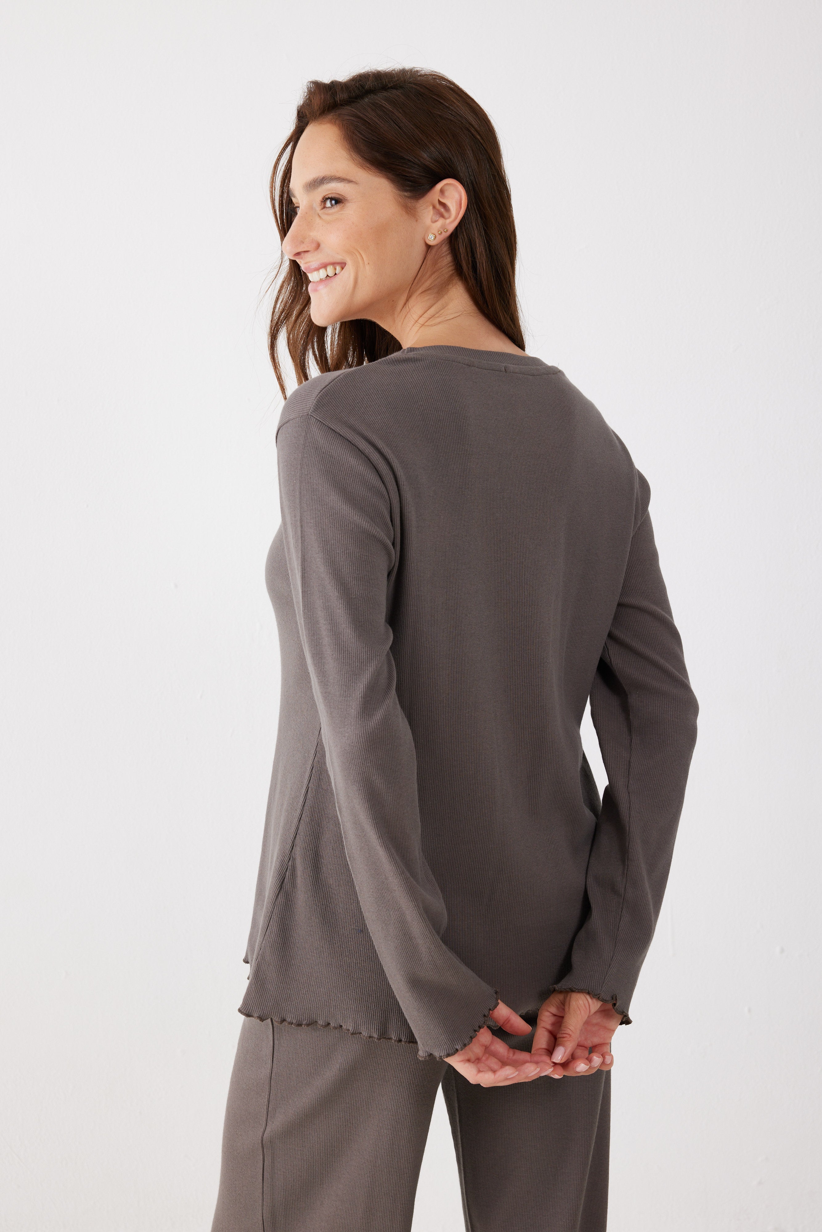 פיג'מה ריב כותנה - חום