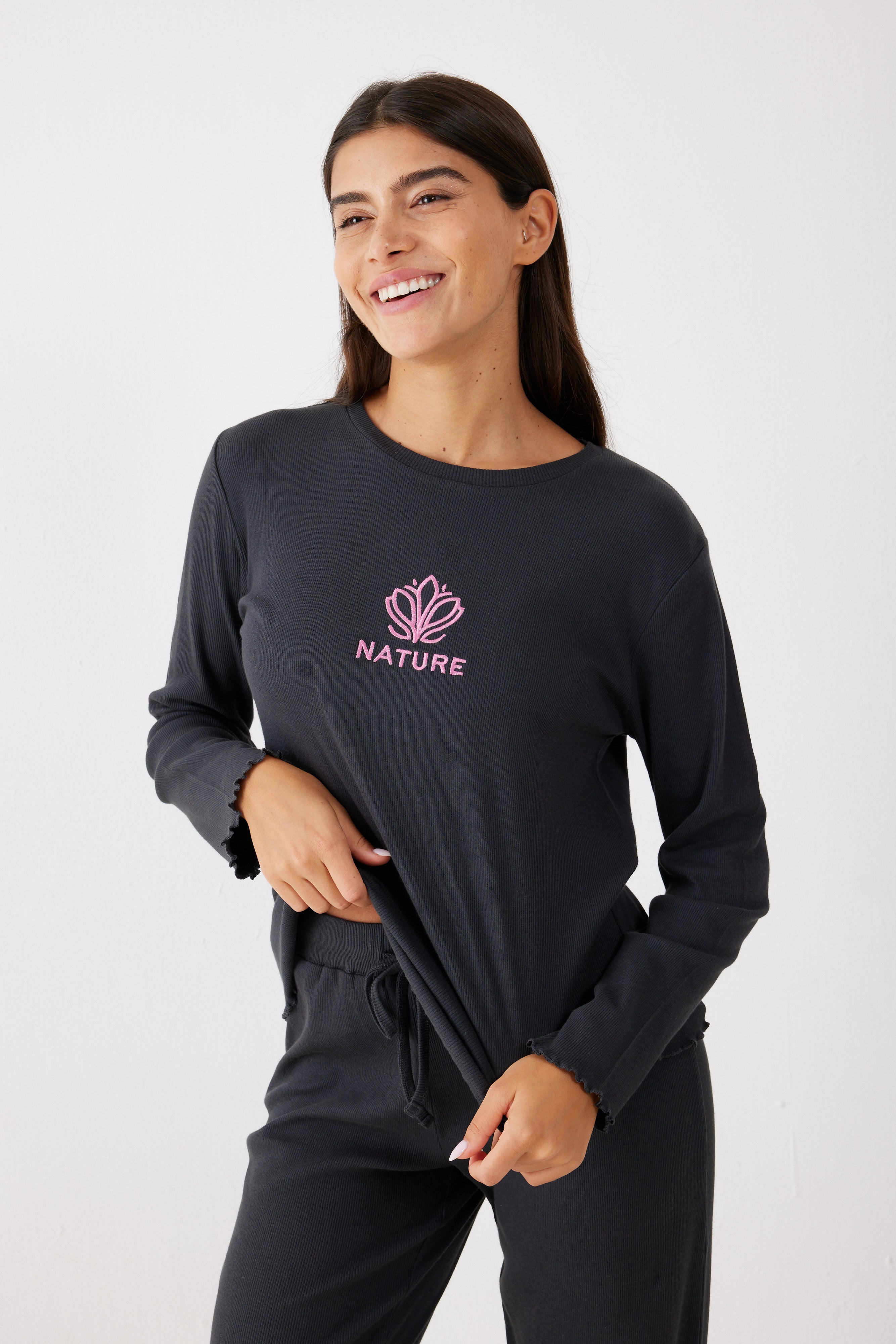 פיג'מה ריב כותנה - אפור כהה