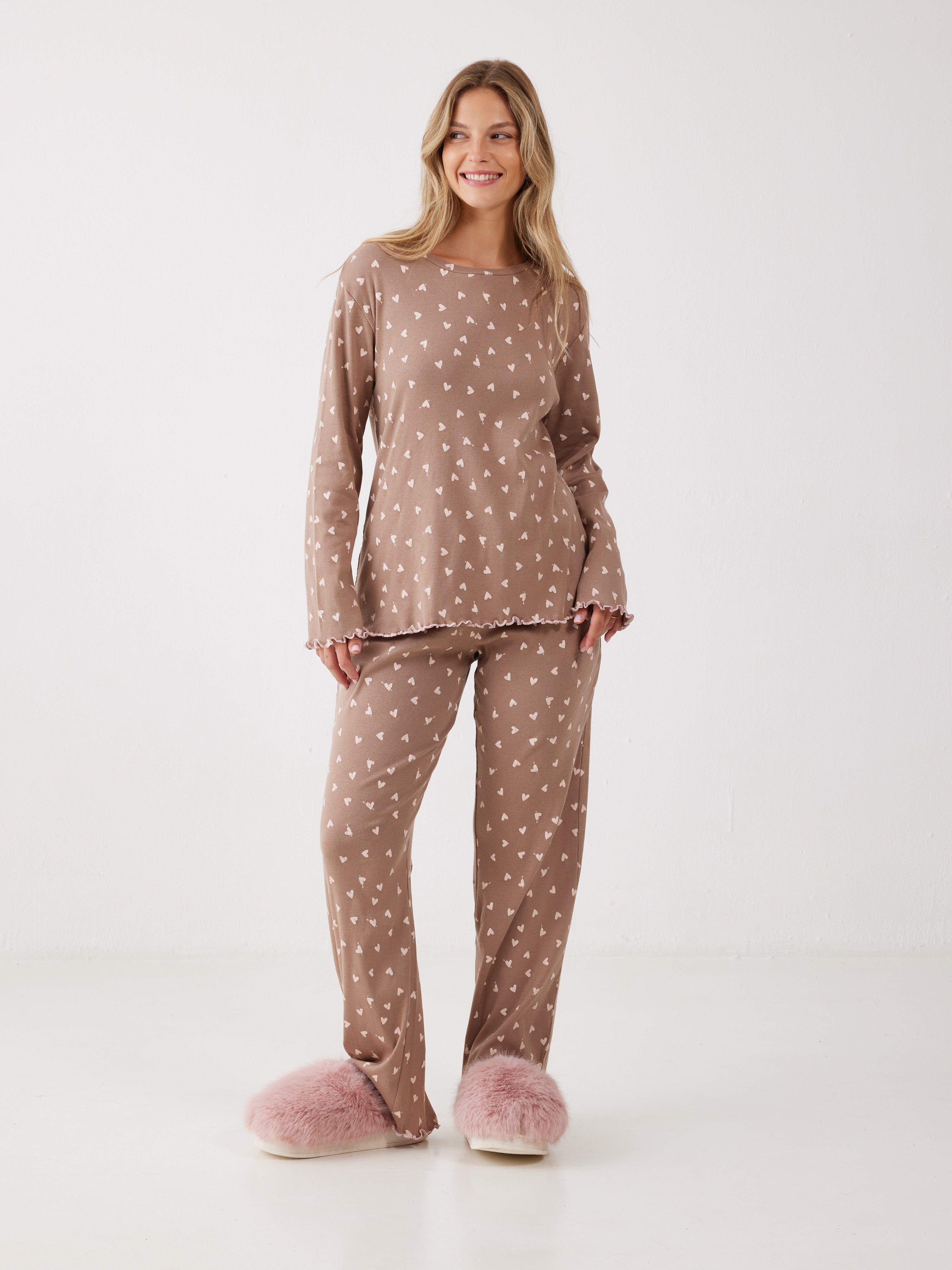 פיג'מה ריב כותנה - קפה