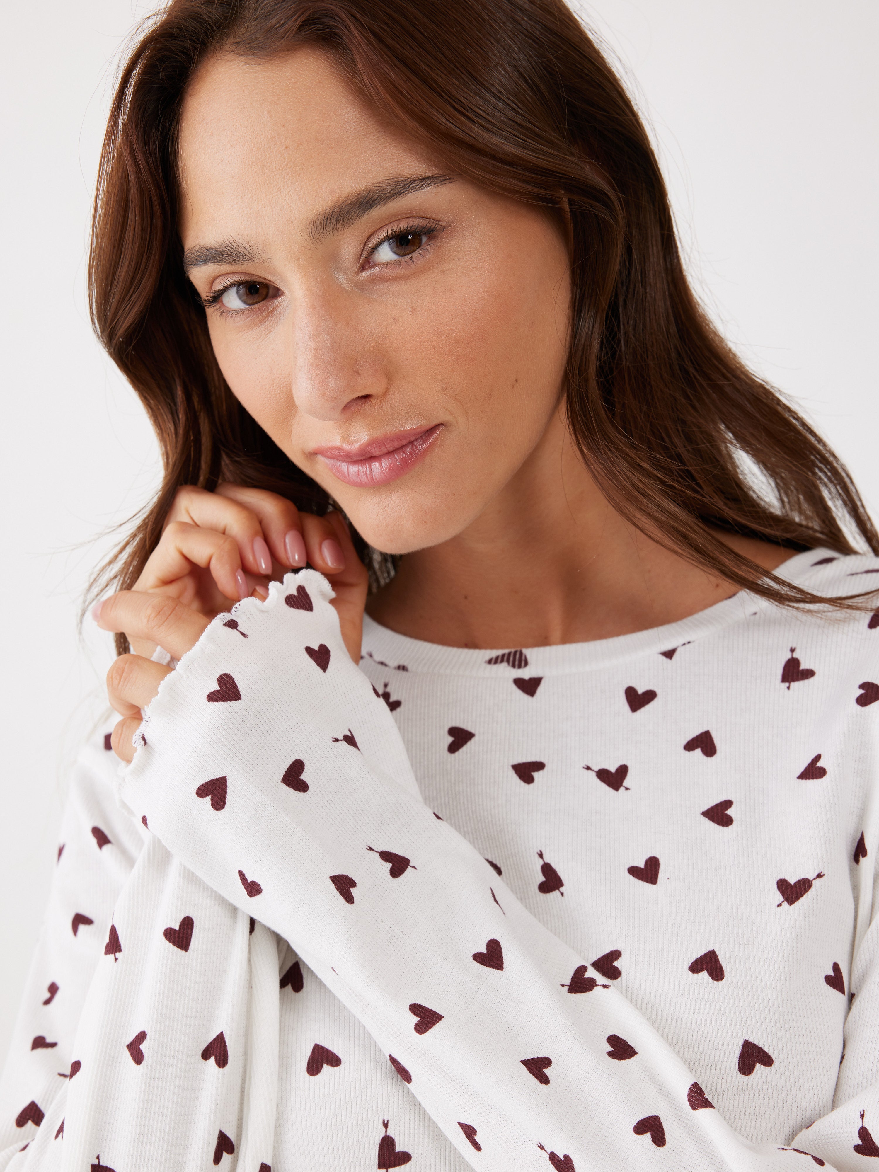 פיג'מה ריב כותנה - שמנת