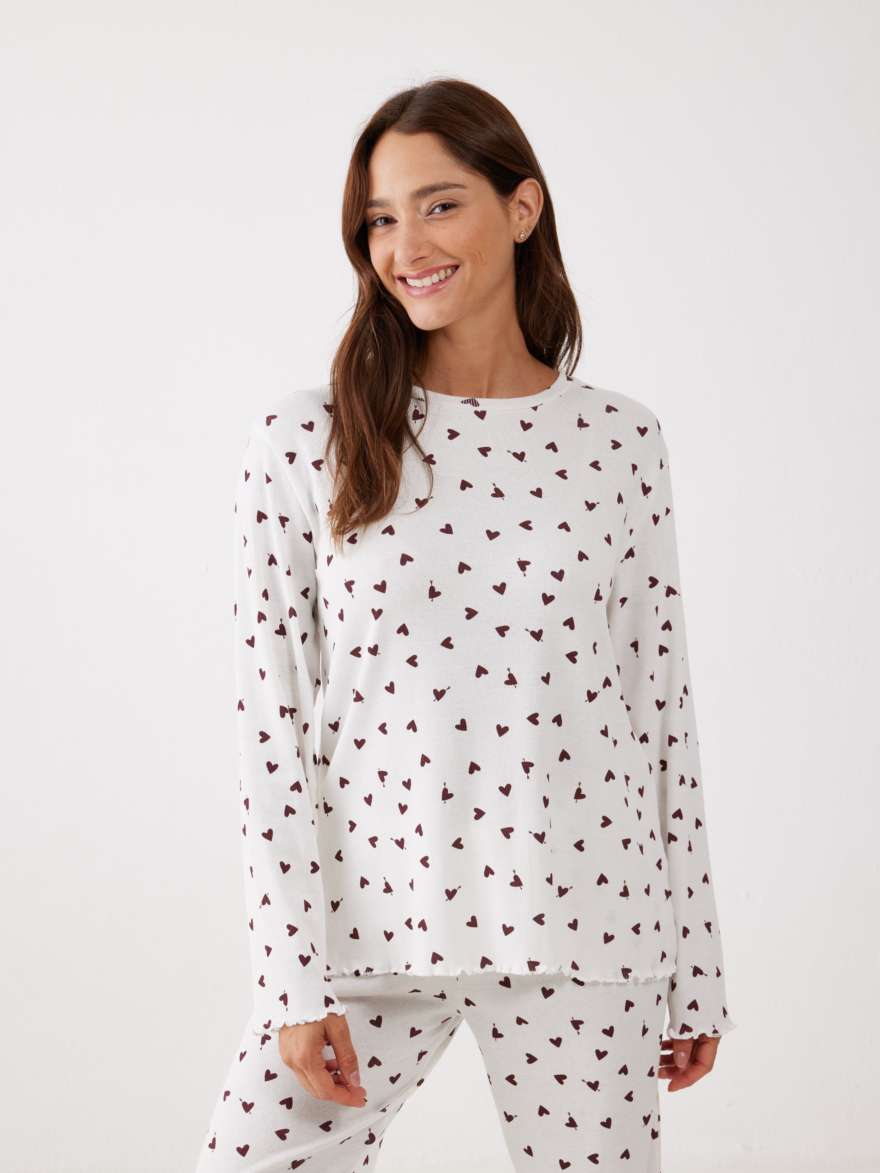 פיג'מה ריב כותנה - שמנת