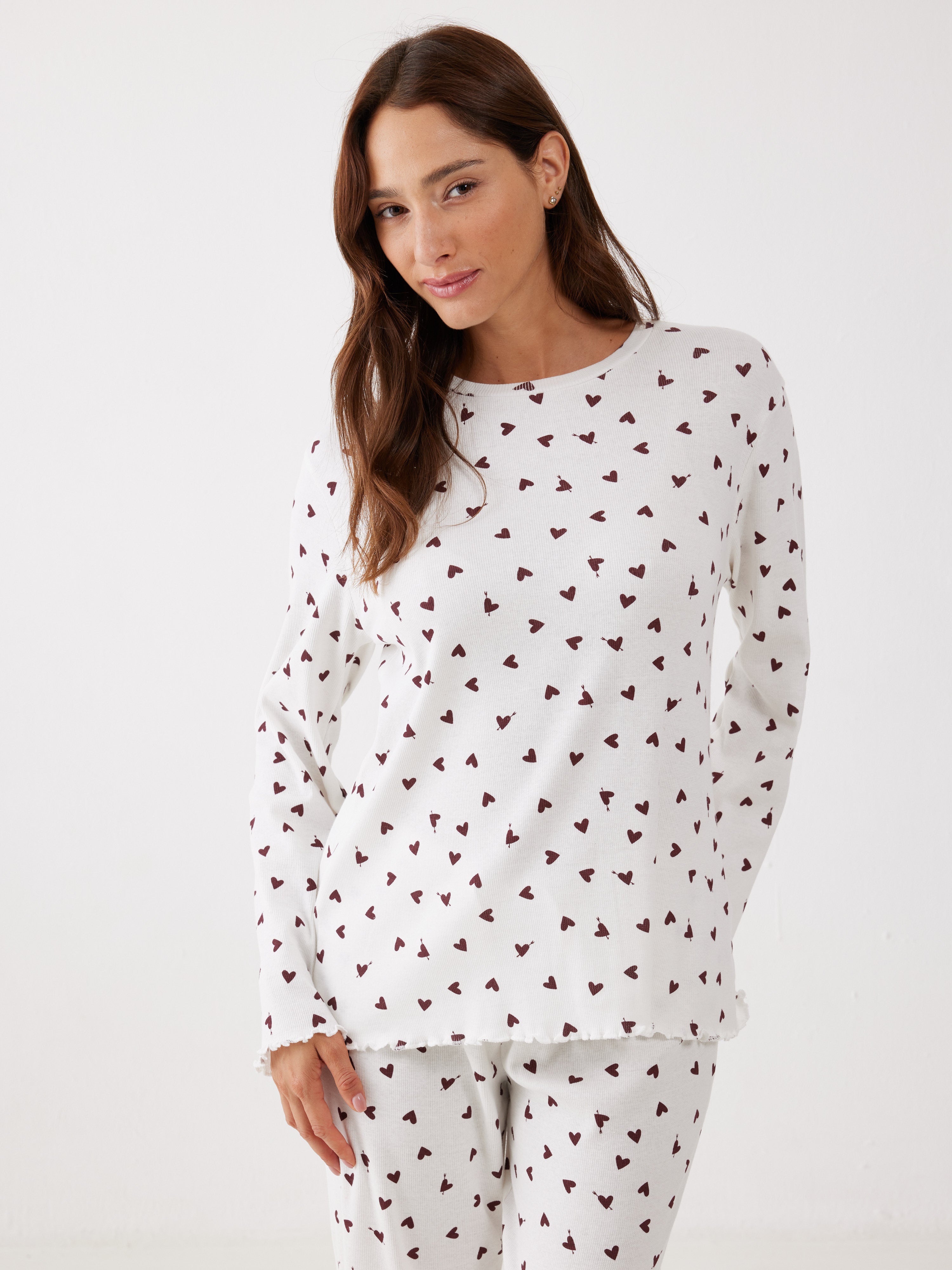 פיג'מה ריב כותנה - שמנת