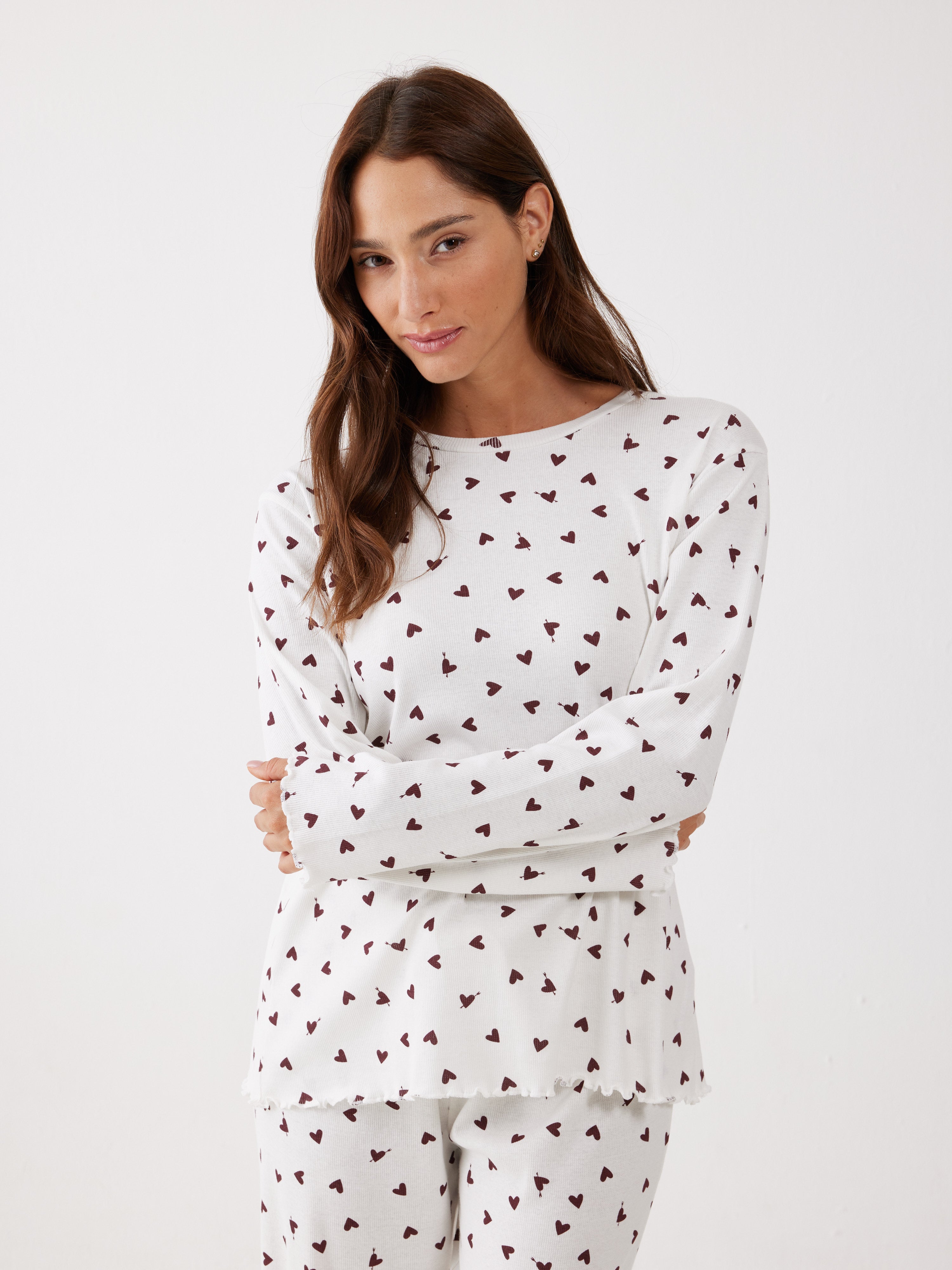 פיג'מה ריב כותנה - שמנת