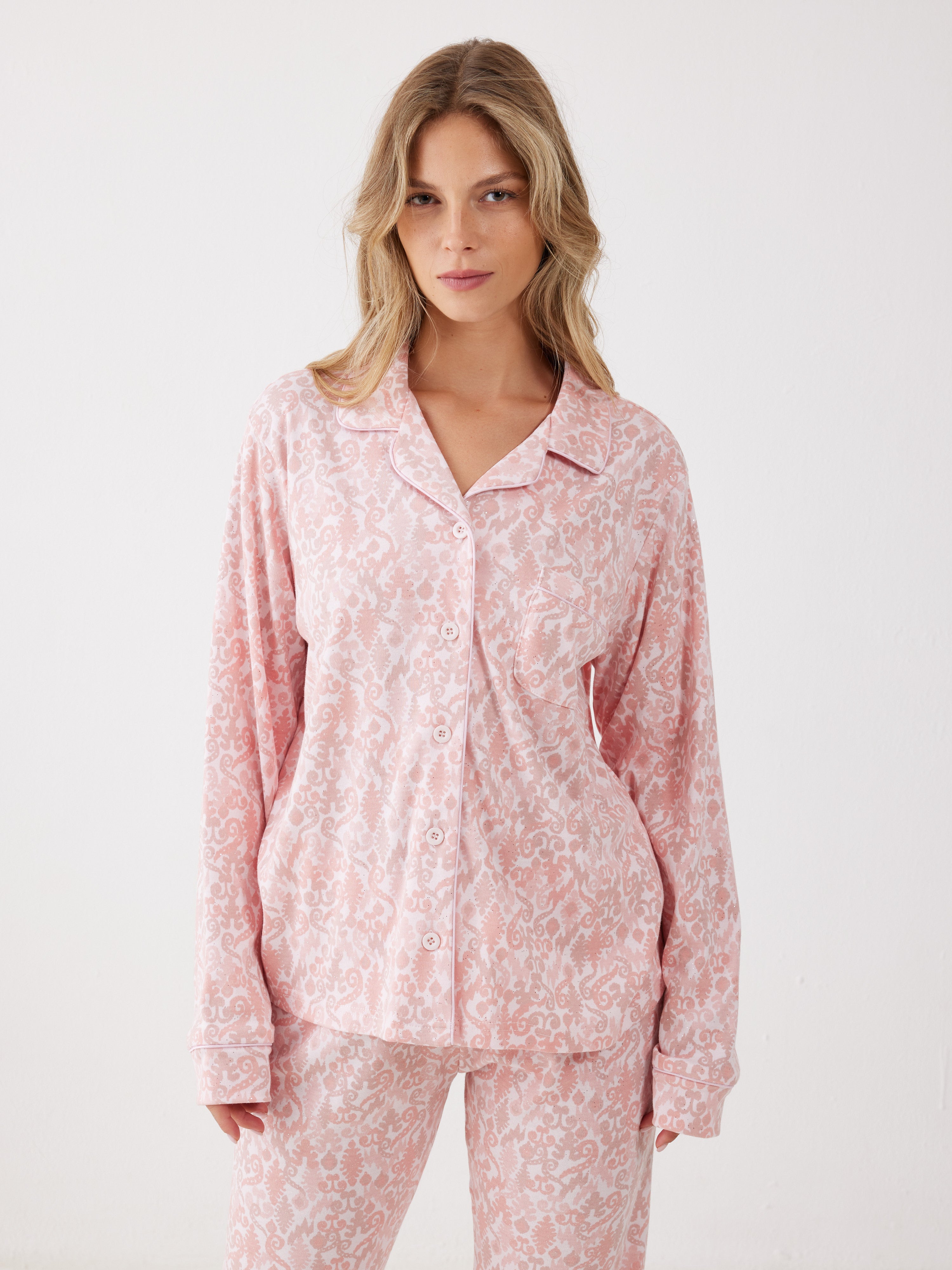 פיג'מה מכופתרת אינטרלוק - ורוד