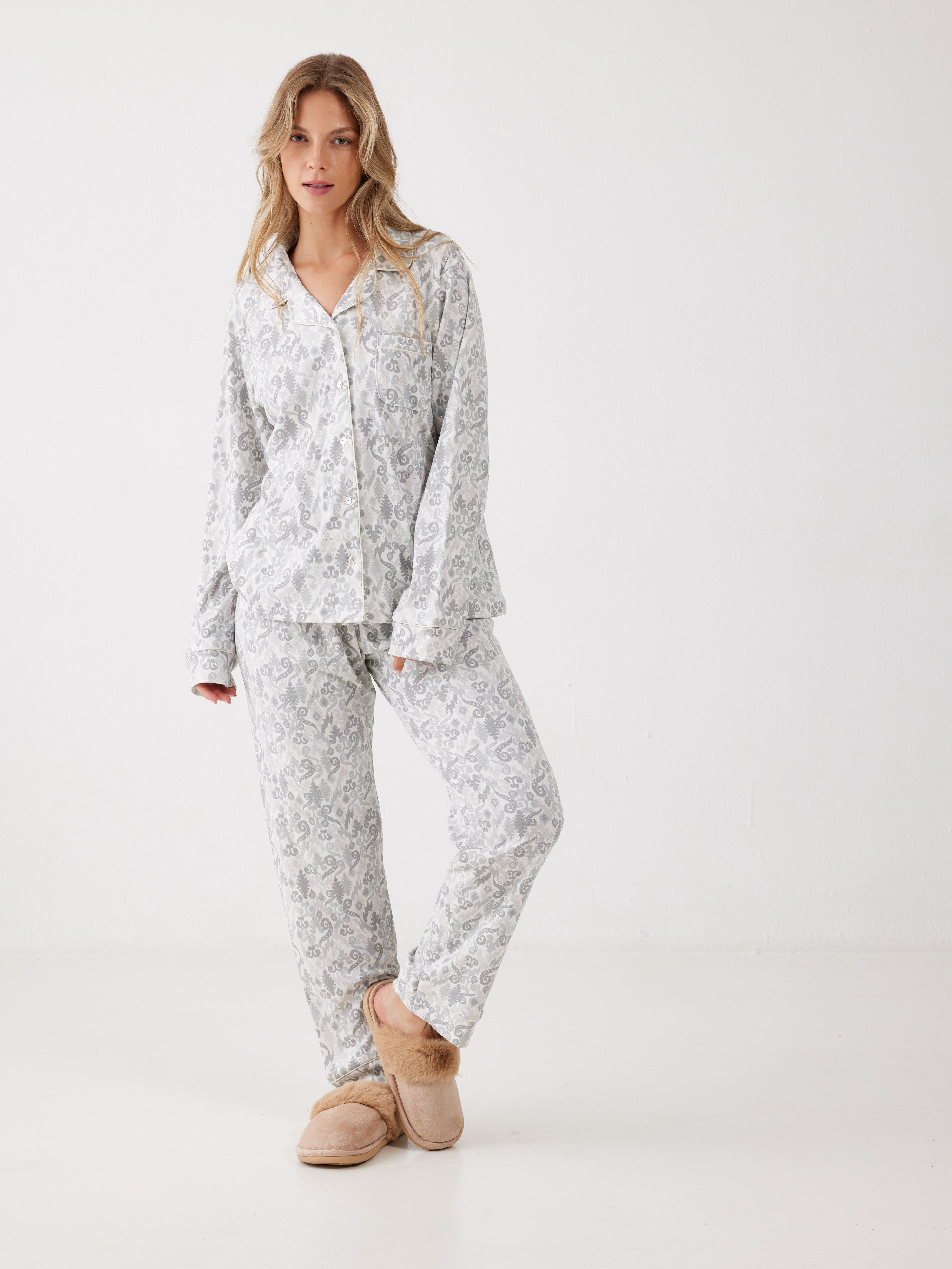 פיג'מה מכופתרת אינטרלוק - אפור מלאנז