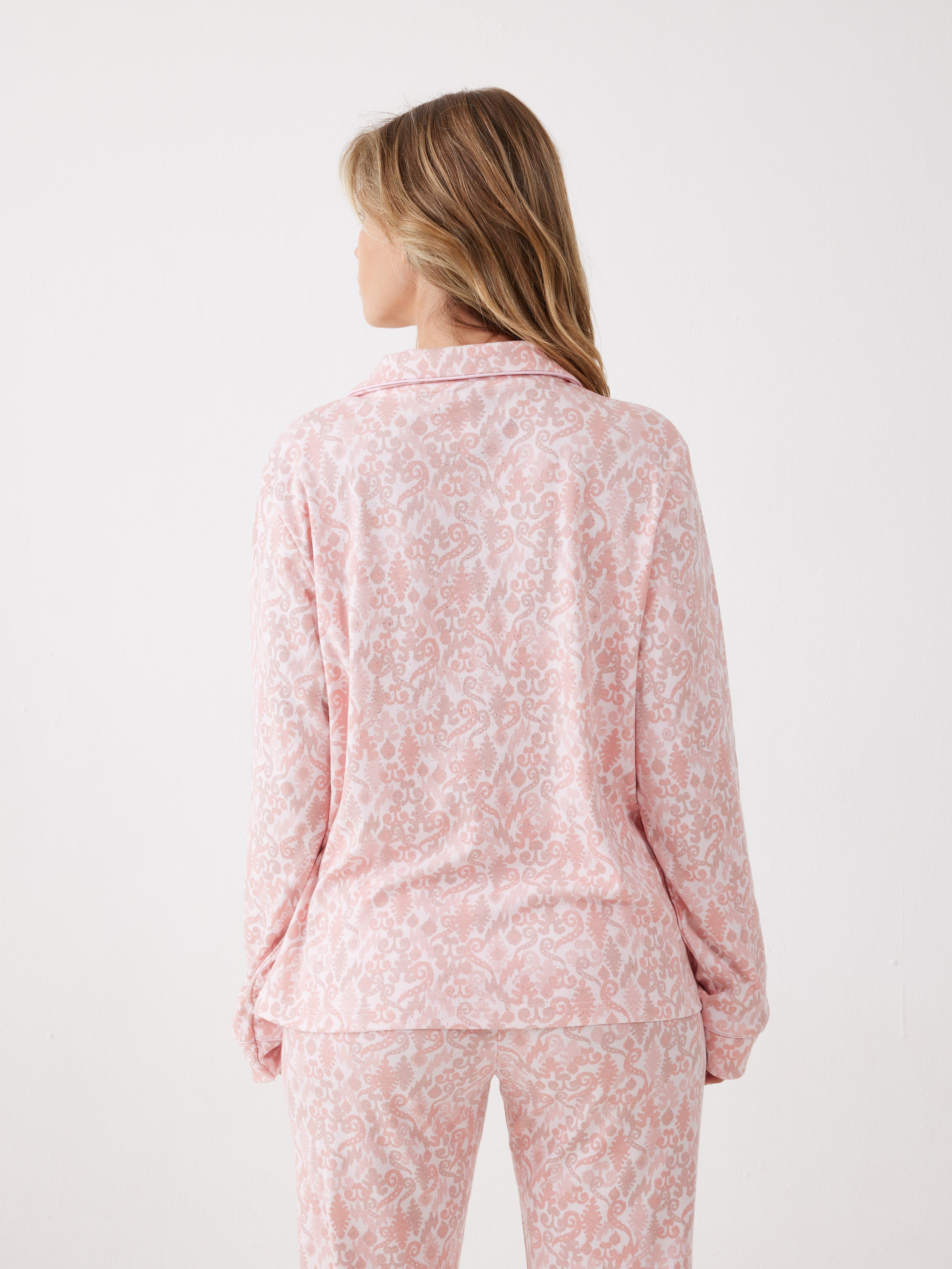 פיג'מה מכופתרת אינטרלוק - ורוד