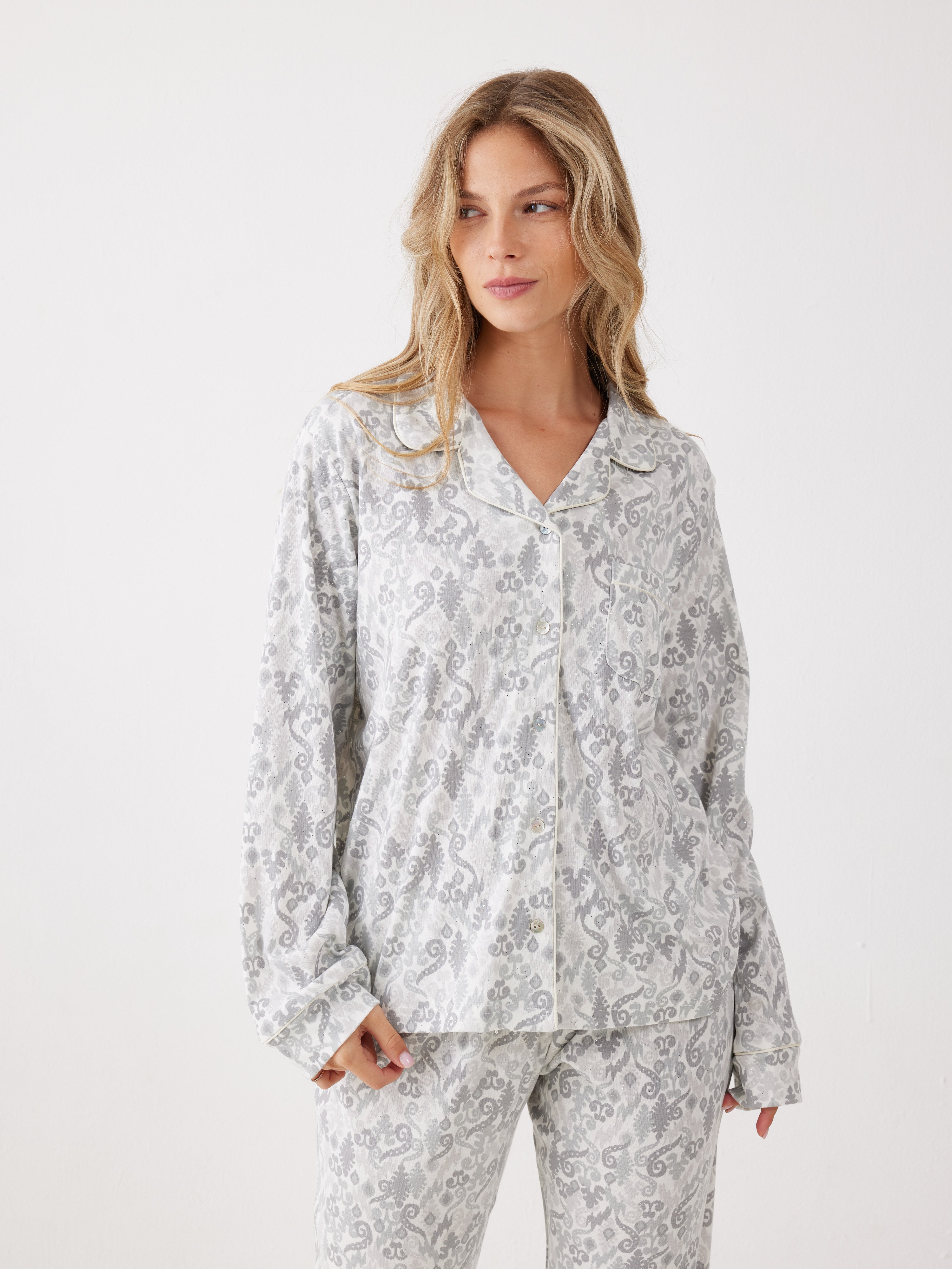 פיג'מה מכופתרת אינטרלוק - אפור מלאנז