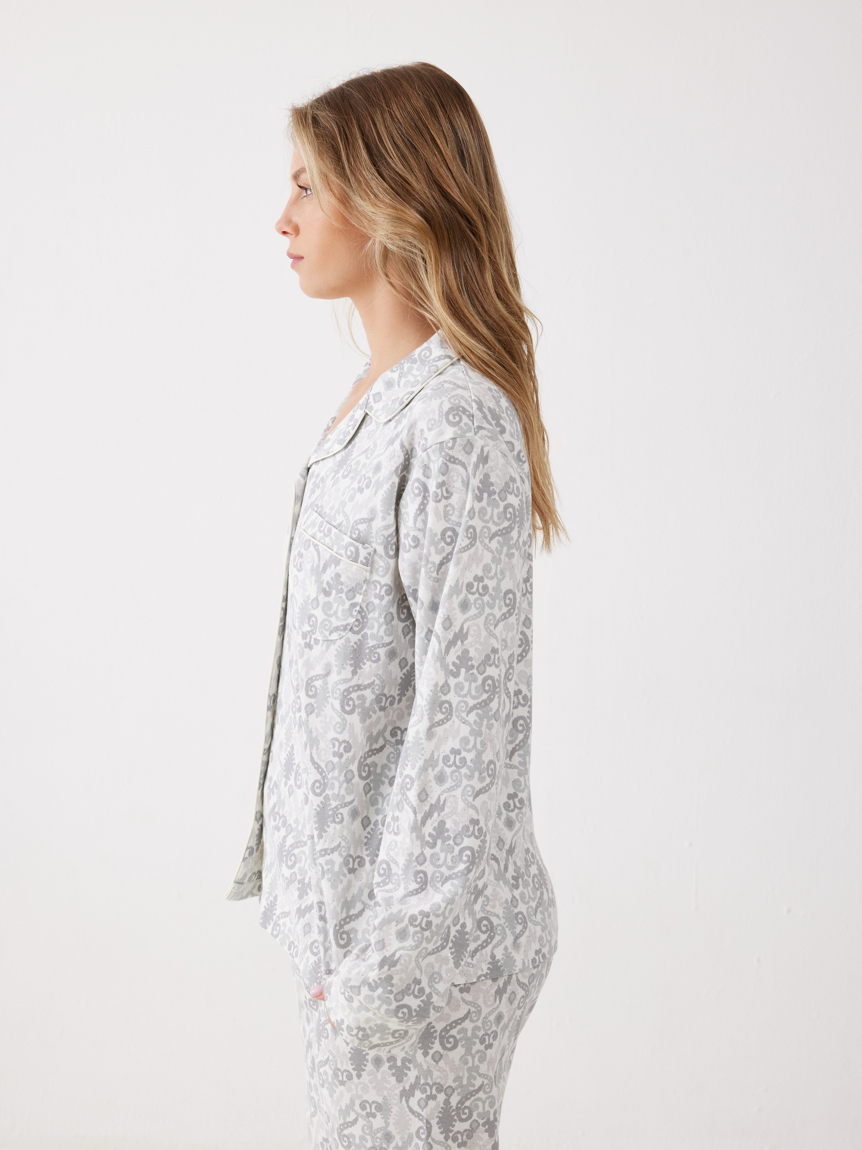 פיג'מה מכופתרת אינטרלוק - אפור מלאנז