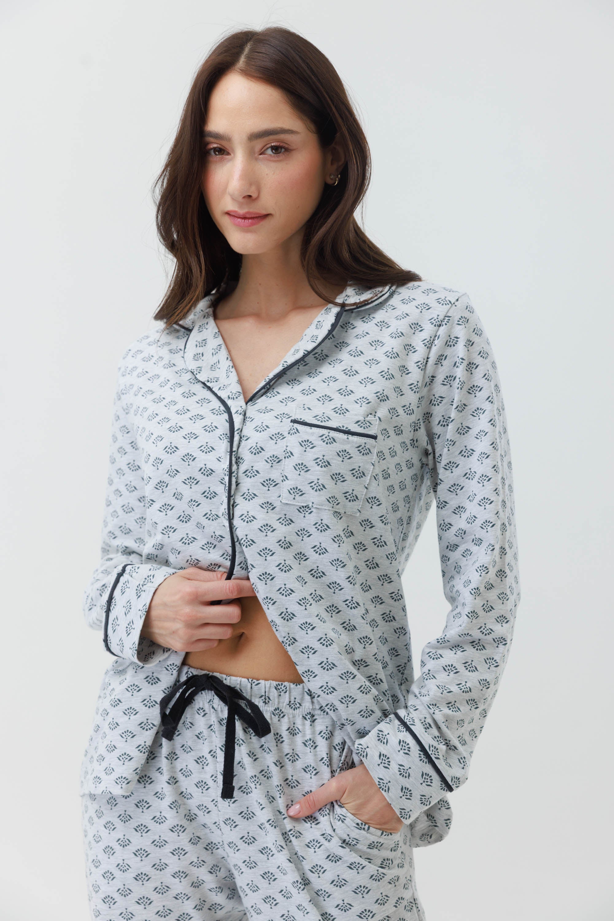 פיג'מה ויסקוזה מכופתרת - אפור מלאנז