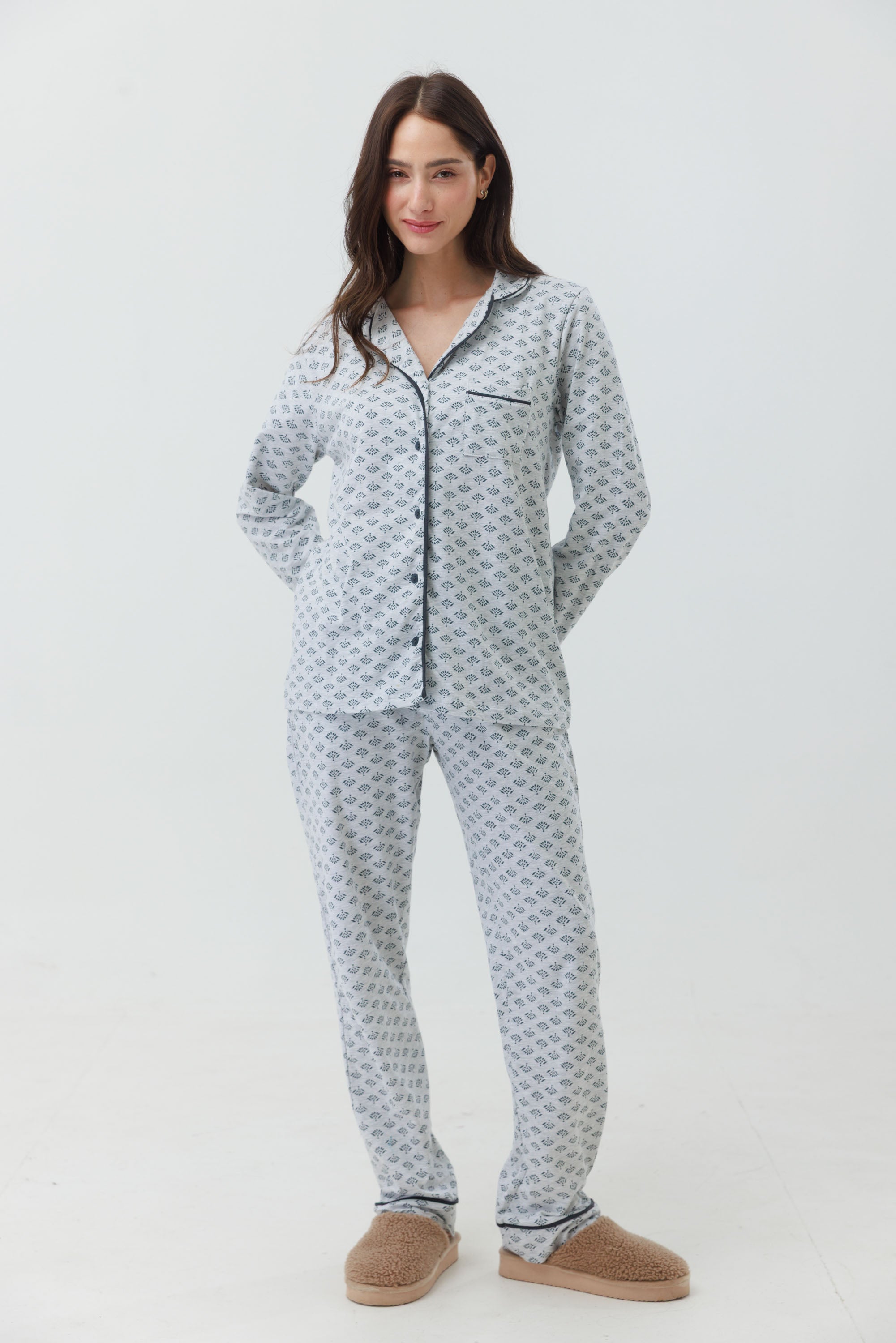 פיג'מה ויסקוזה מכופתרת - אפור מלאנז