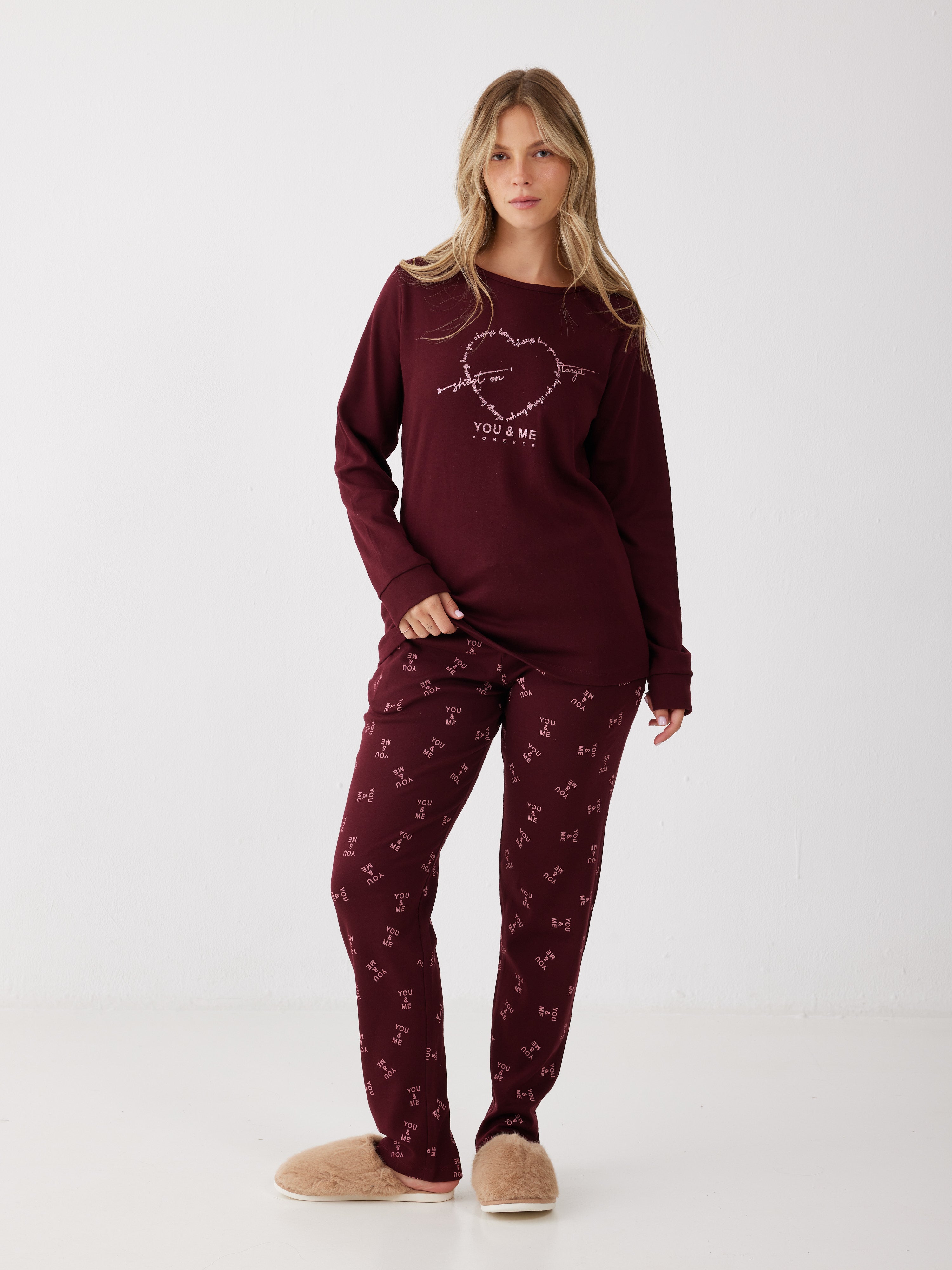 פיג'מה אינטרלוק לב 100% כותנה - בורדו