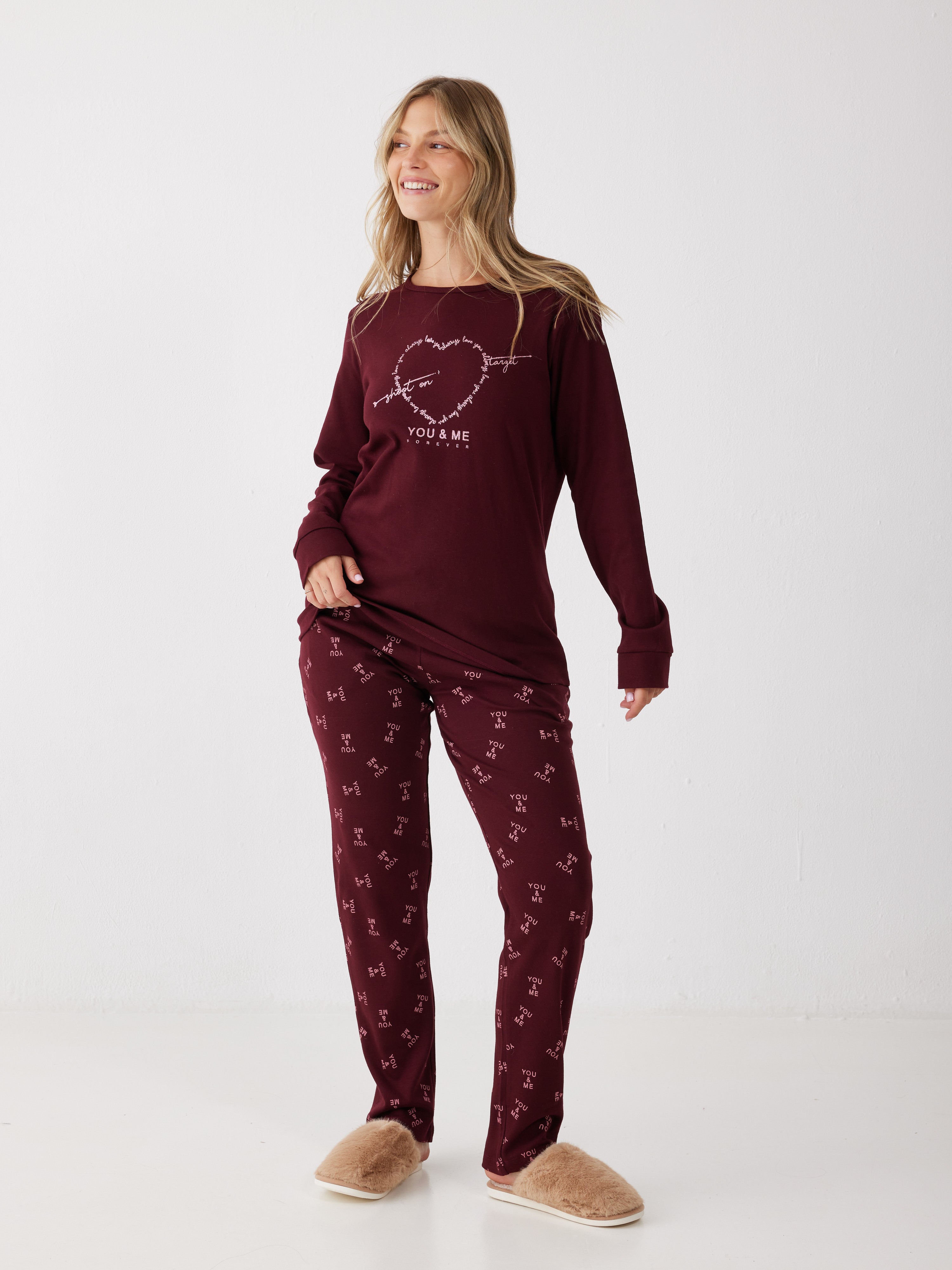 פיג'מה אינטרלוק לב 100% כותנה - בורדו