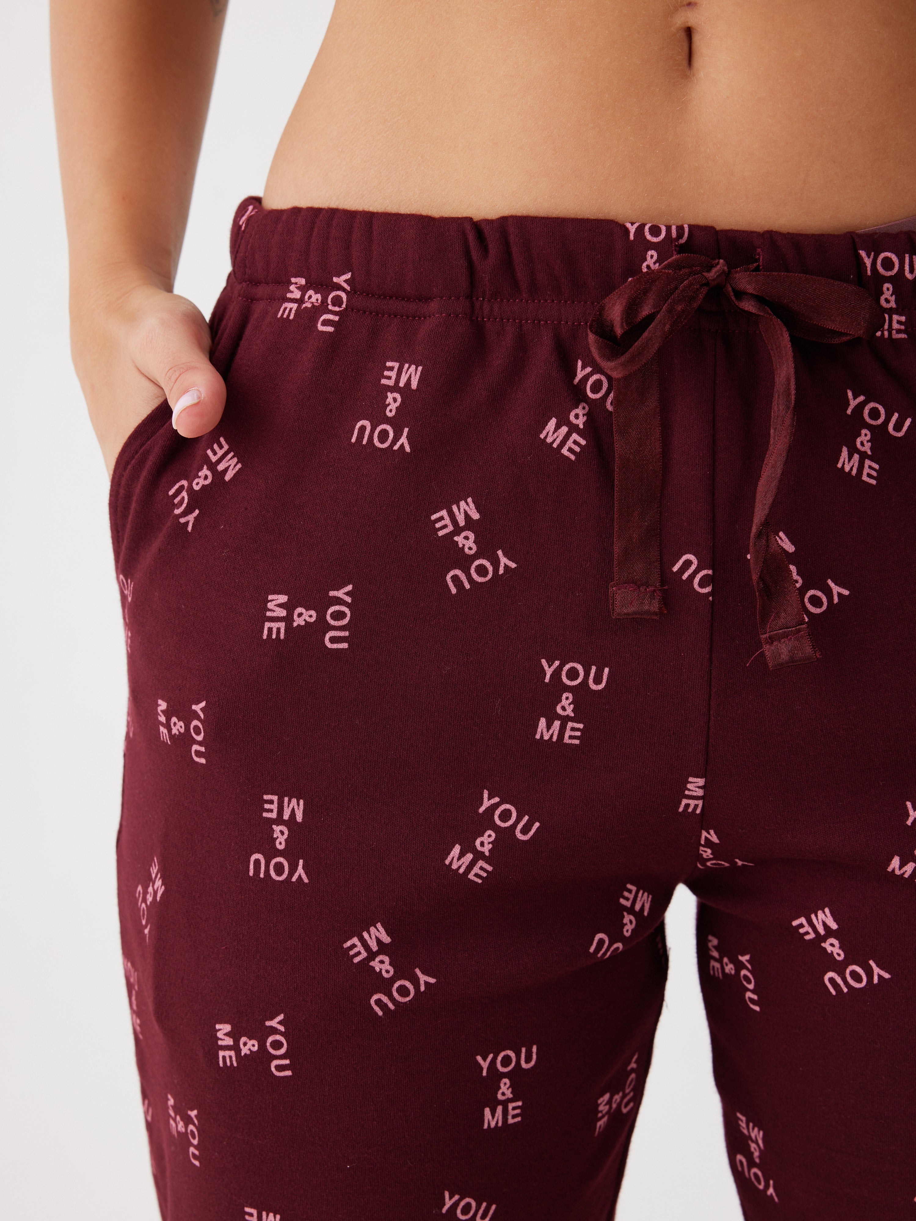 פיג'מה אינטרלוק לב 100% כותנה - בורדו