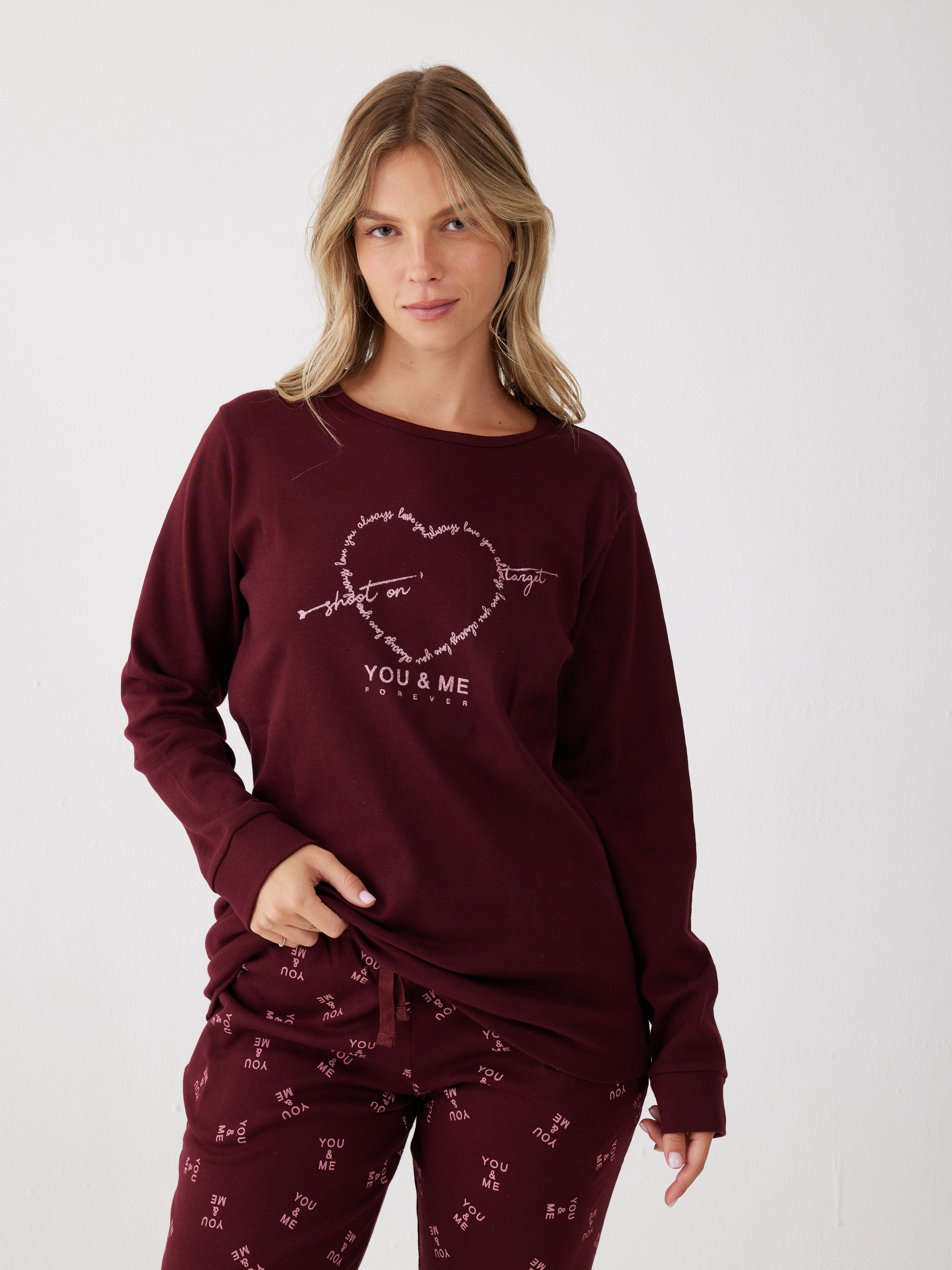 פיג'מה אינטרלוק לב 100% כותנה - בורדו