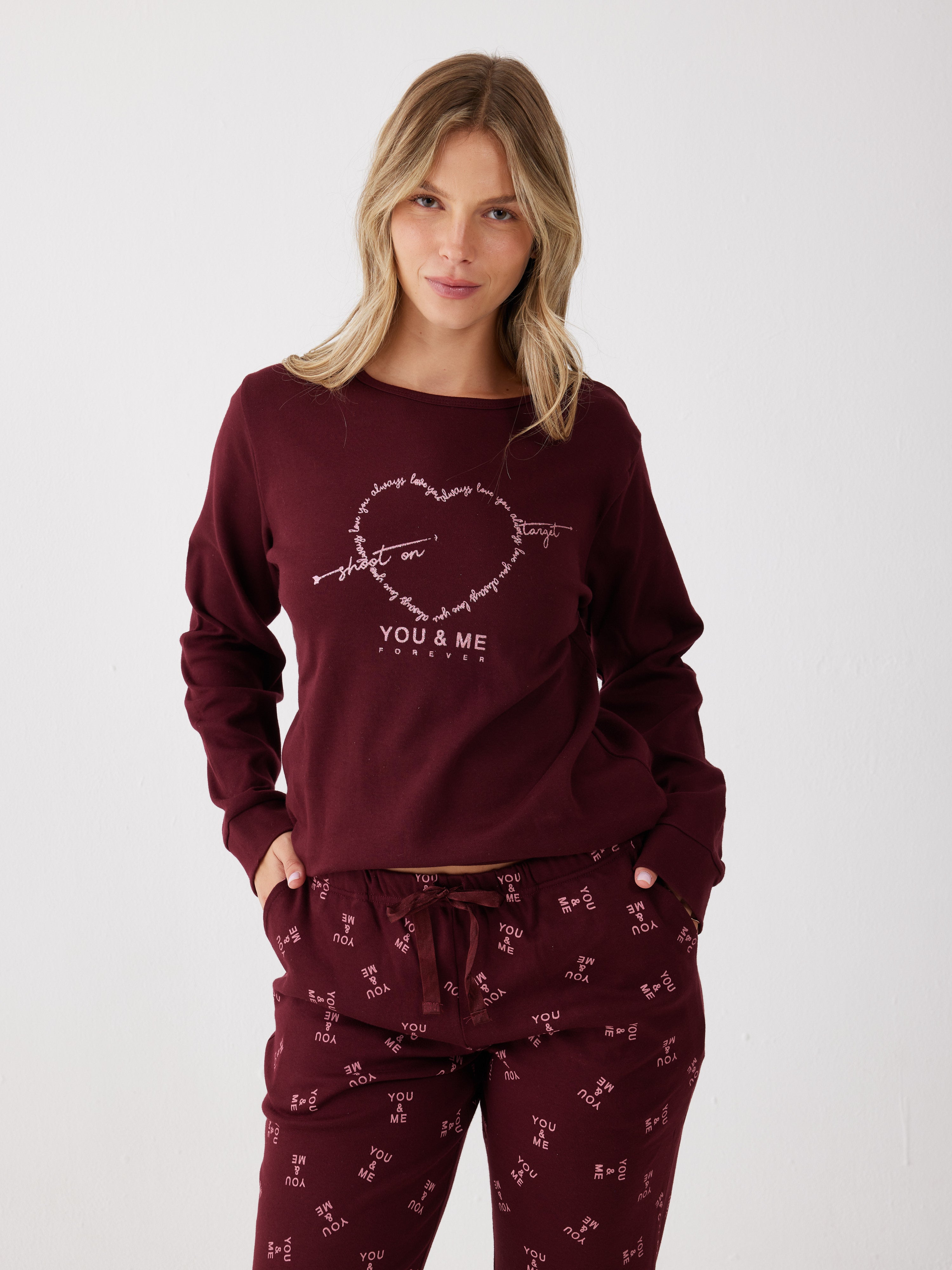 פיג'מה אינטרלוק לב 100% כותנה - בורדו