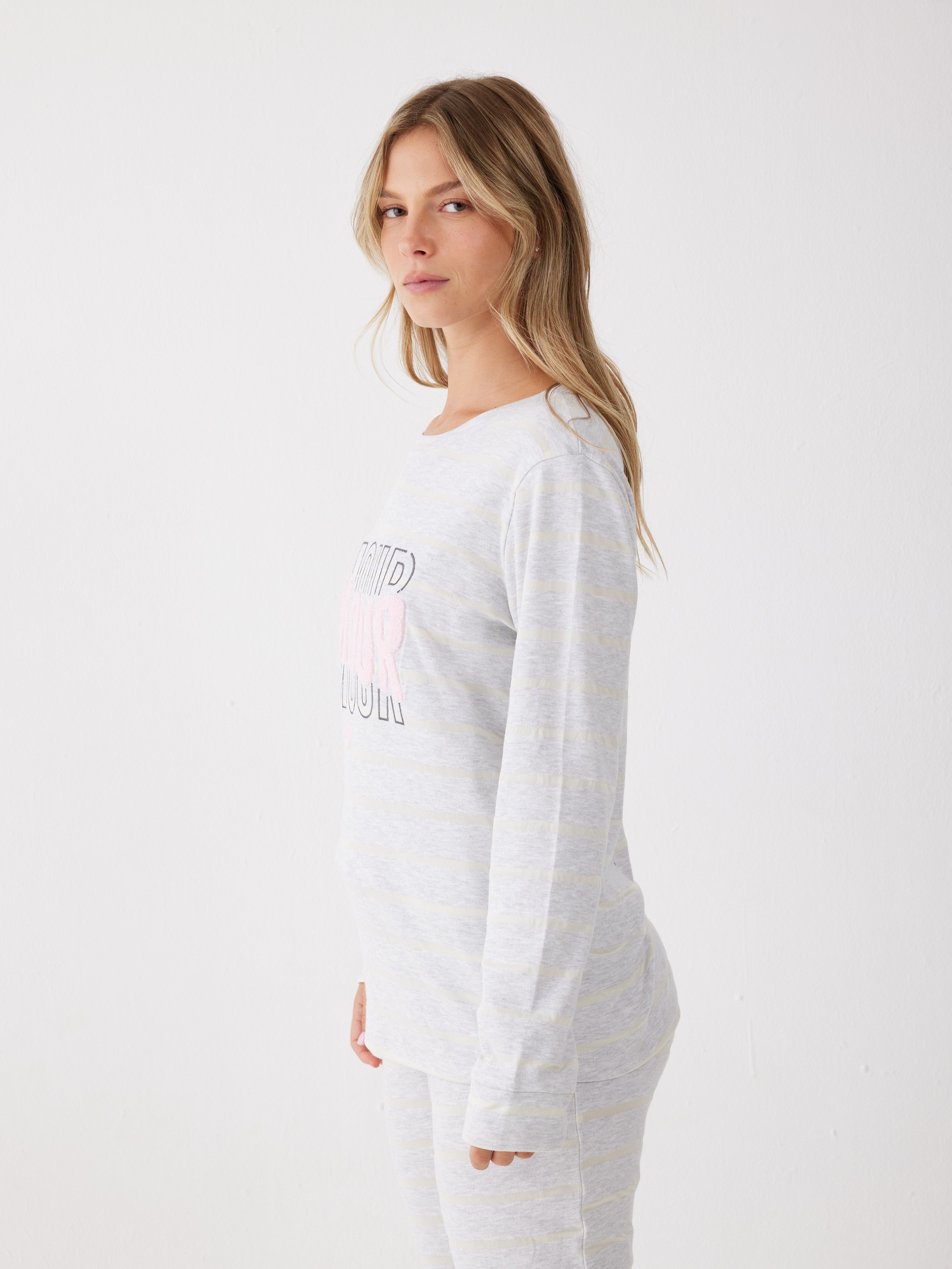 פיג'מה אינטרלוק פסים 100% כותנה - אפור