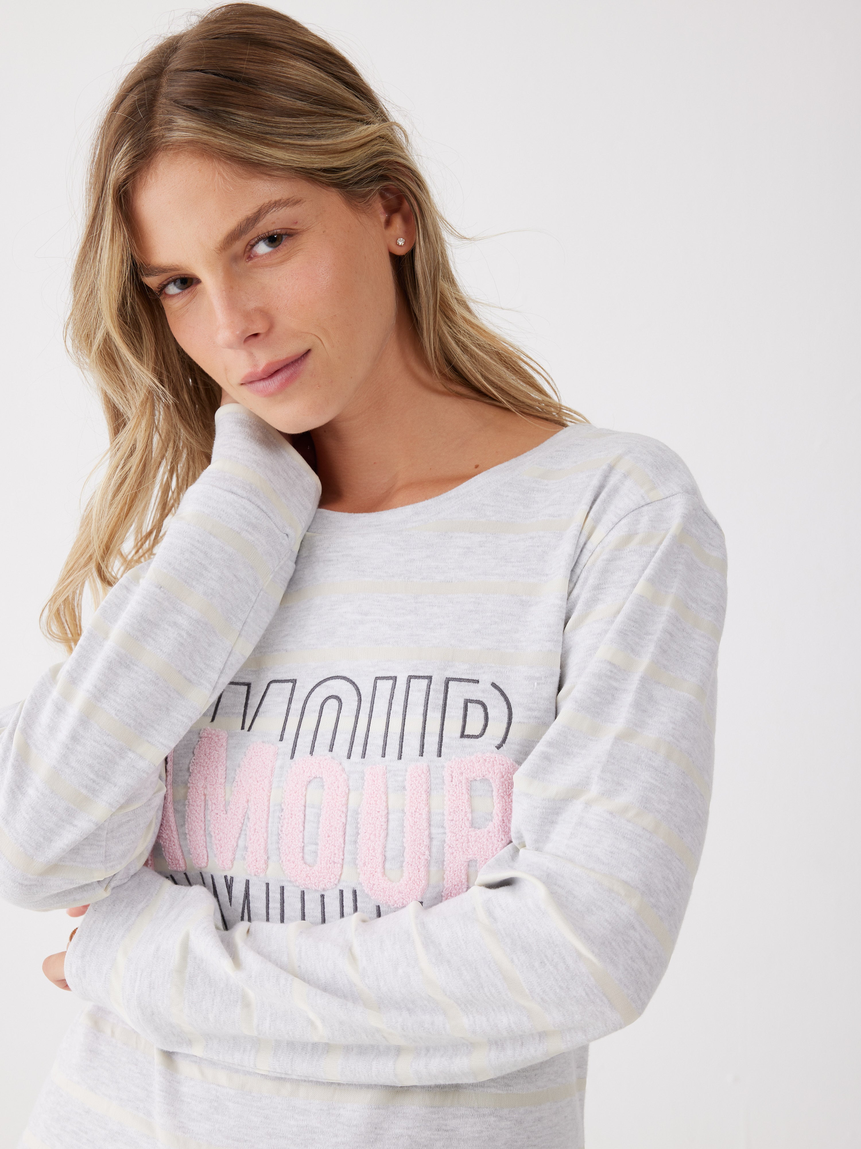 פיג'מה אינטרלוק פסים 100% כותנה - אפור