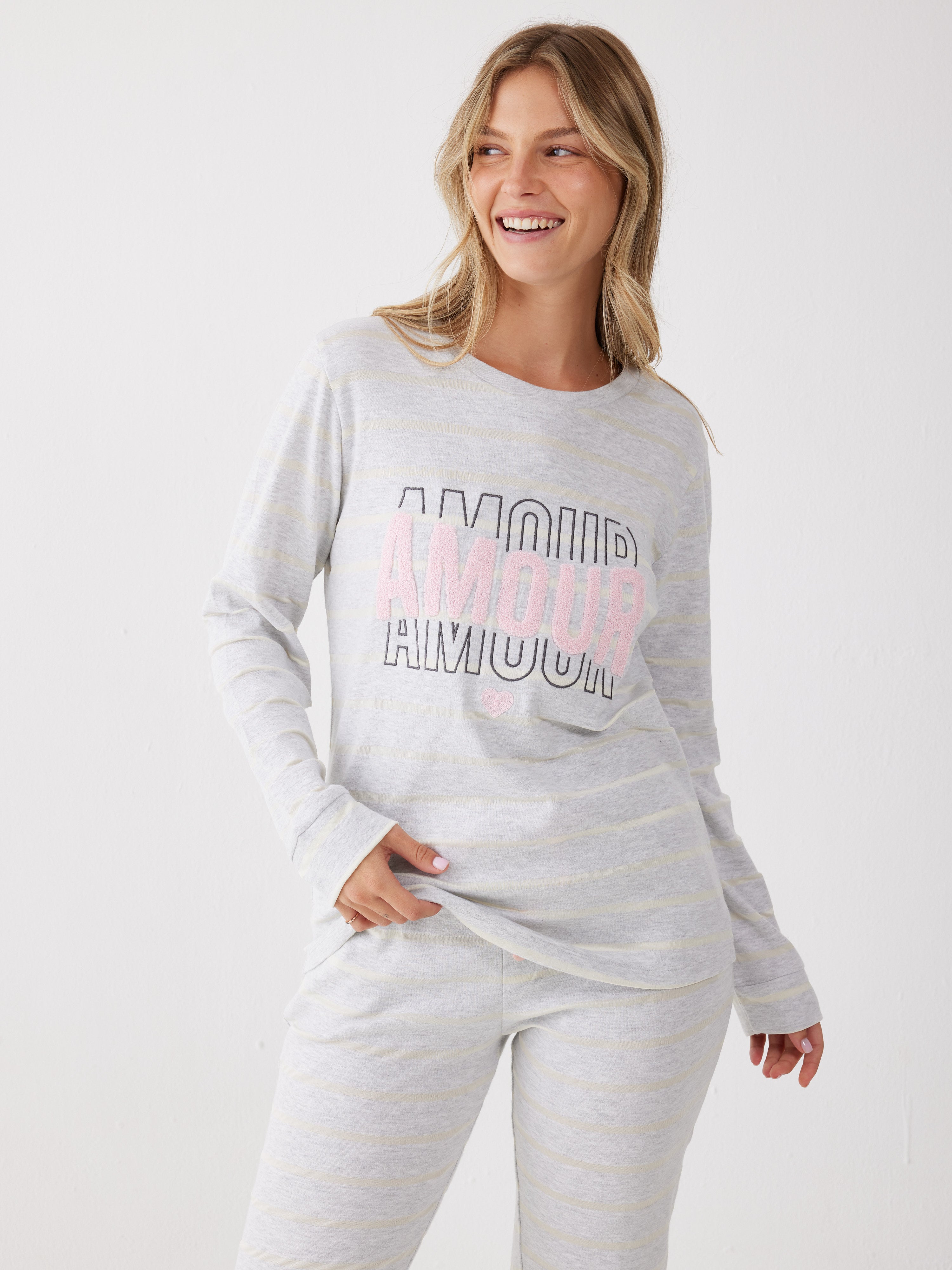 פיג'מה אינטרלוק פסים 100% כותנה - אפור