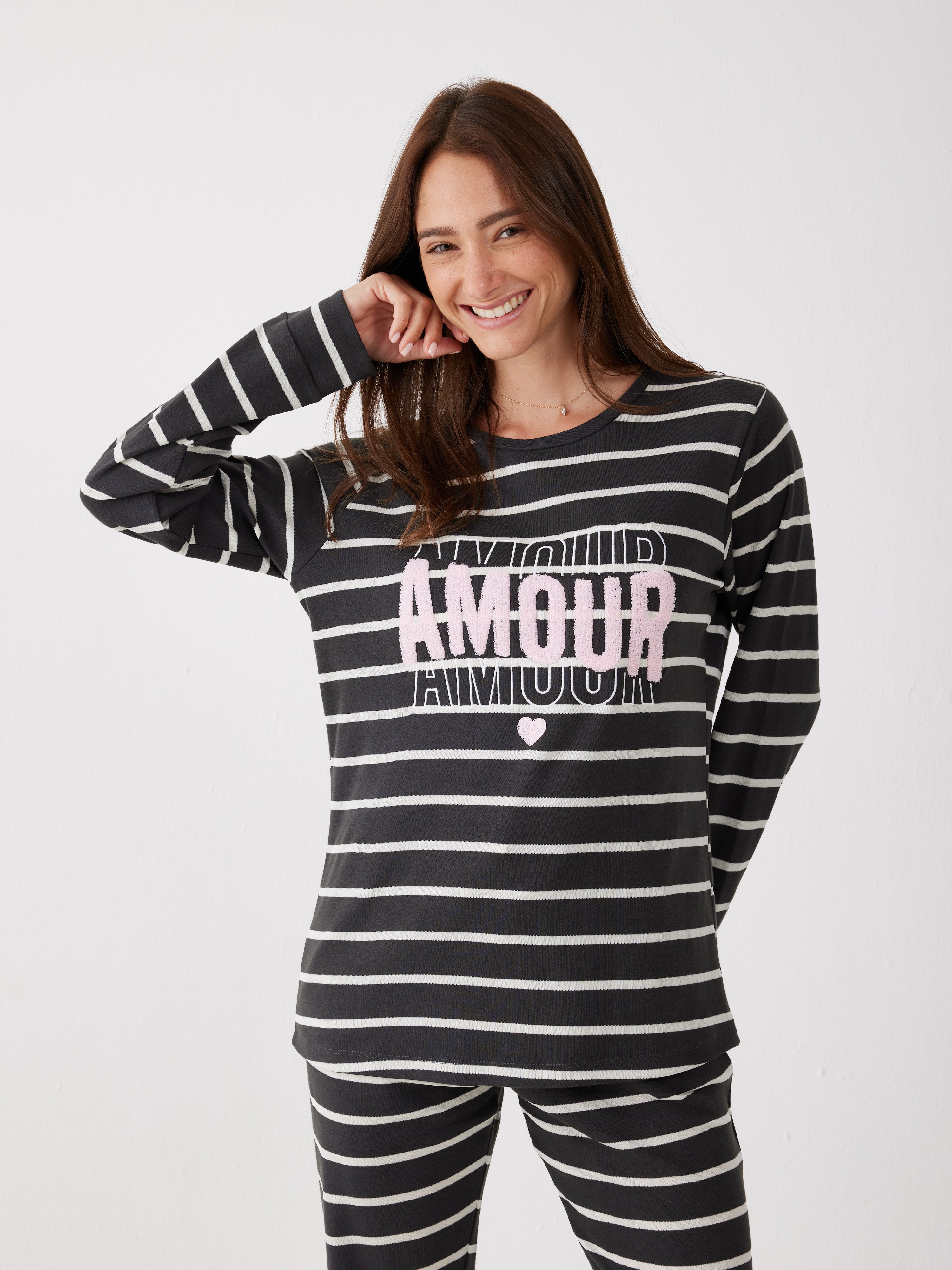 פיג'מה אינטרלוק פסים 100% כותנה - אפור