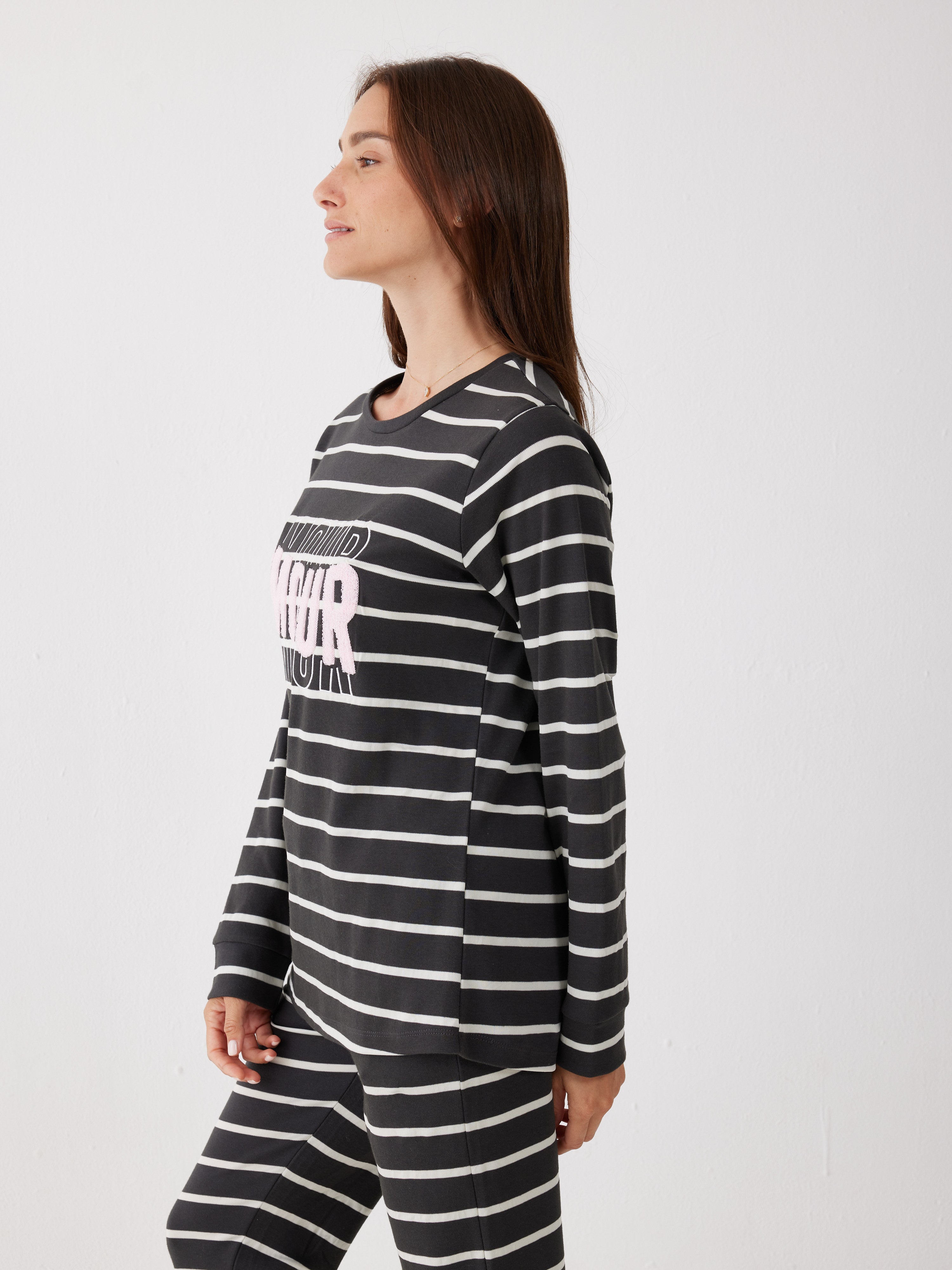 פיג'מה אינטרלוק פסים 100% כותנה - אפור