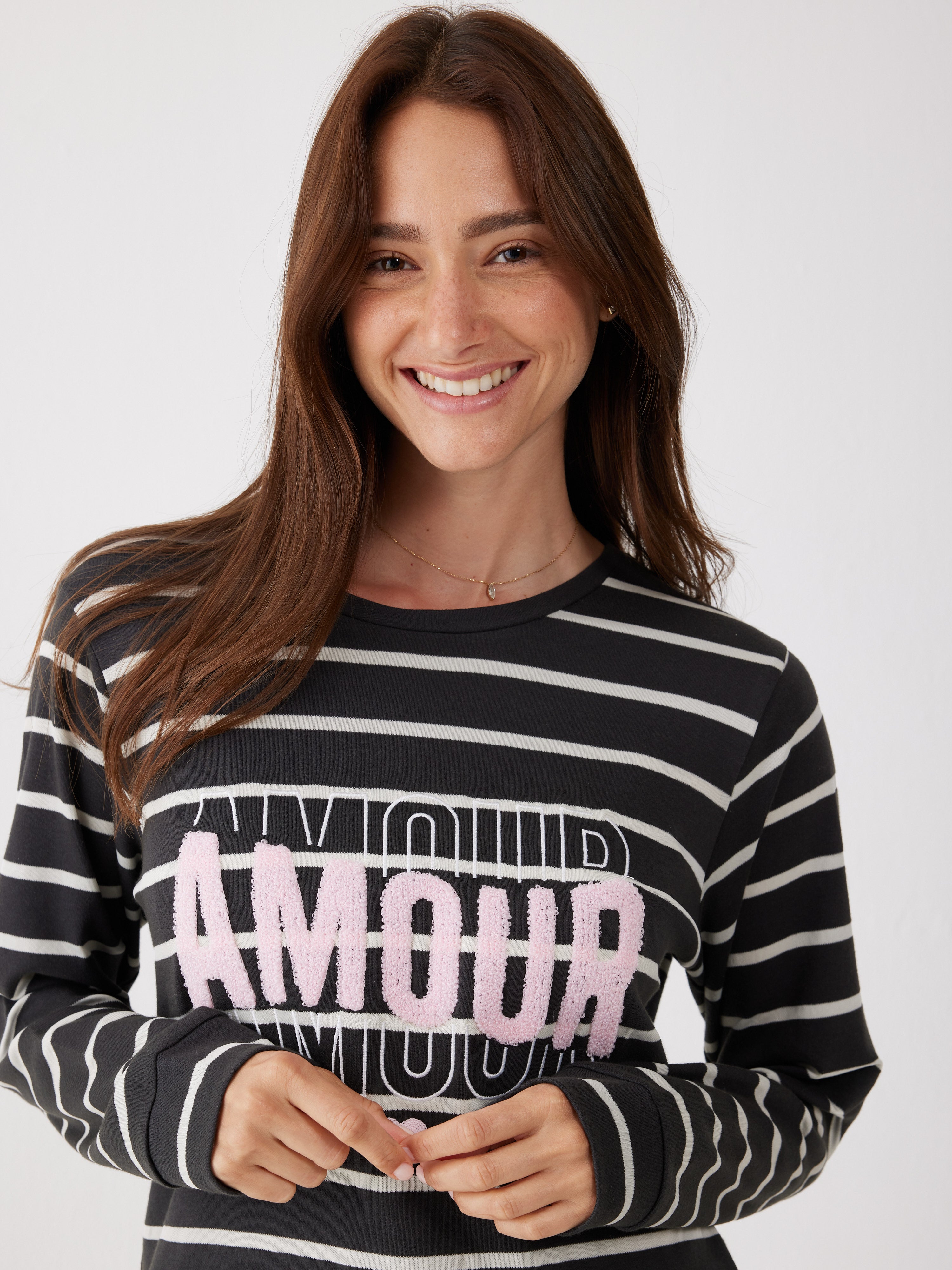 פיג'מה אינטרלוק פסים 100% כותנה - אפור