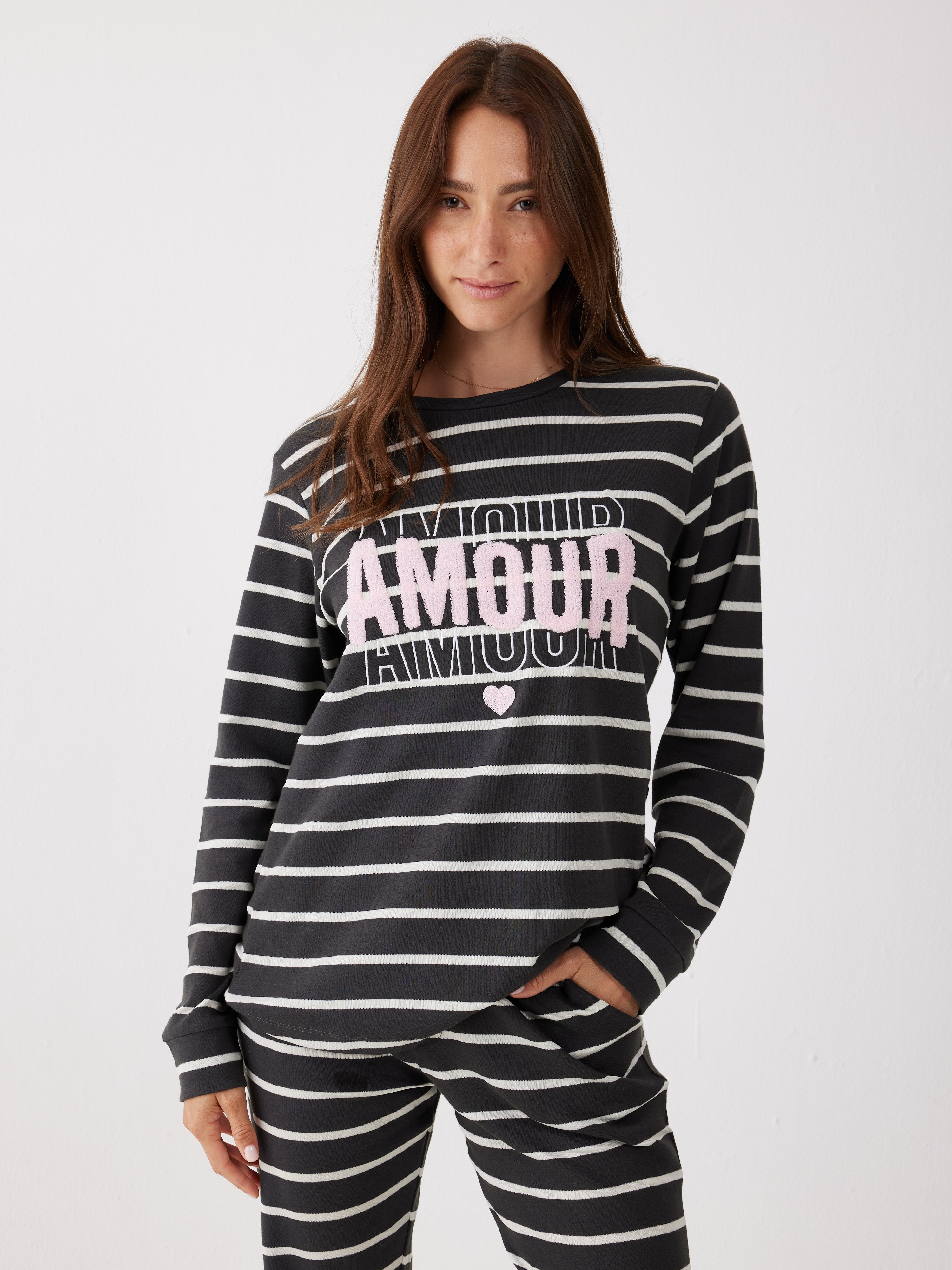 פיג'מה אינטרלוק פסים 100% כותנה - אפור