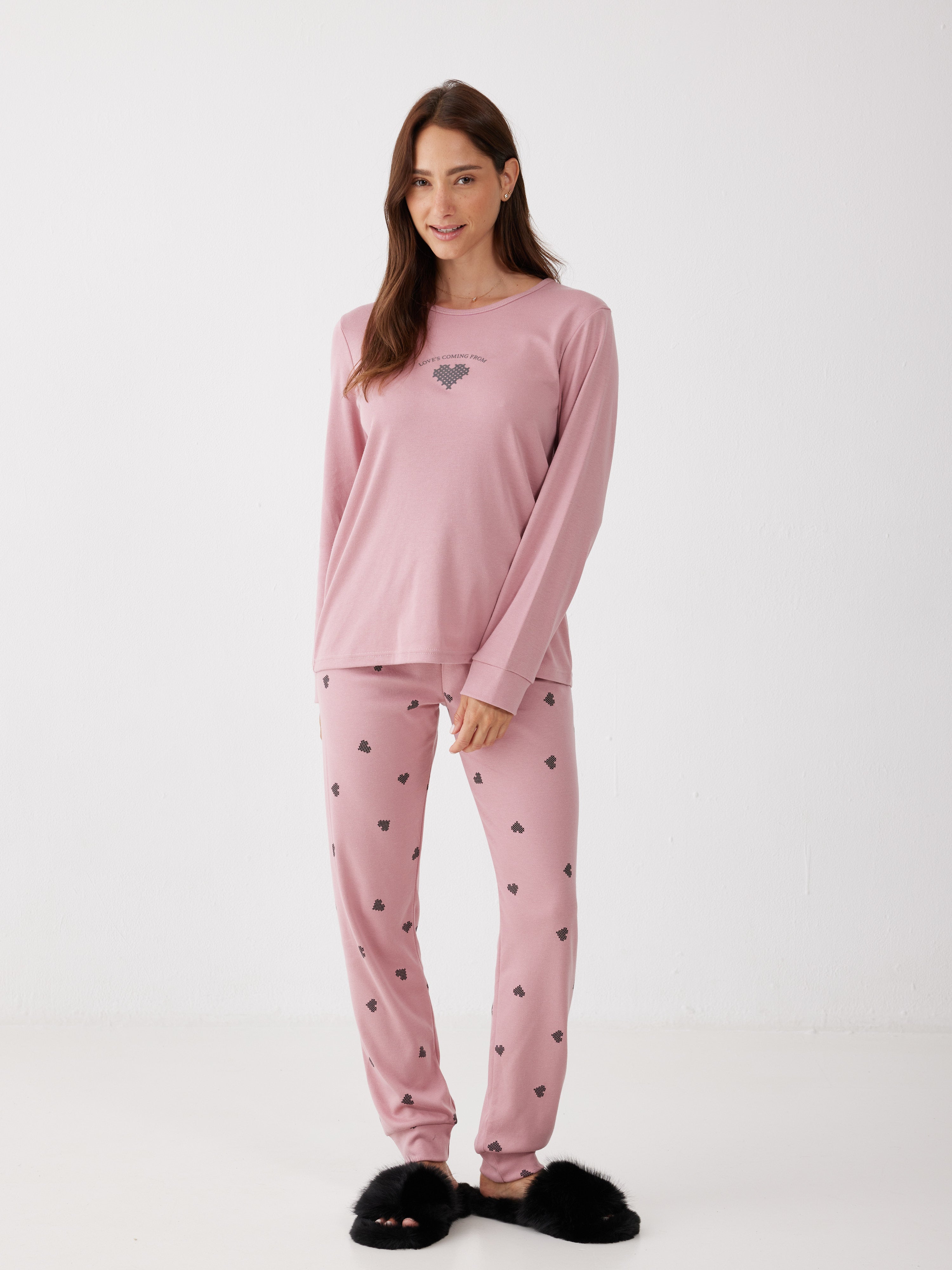 פיג'מה אינטרלוק לב - ורוד מעושן