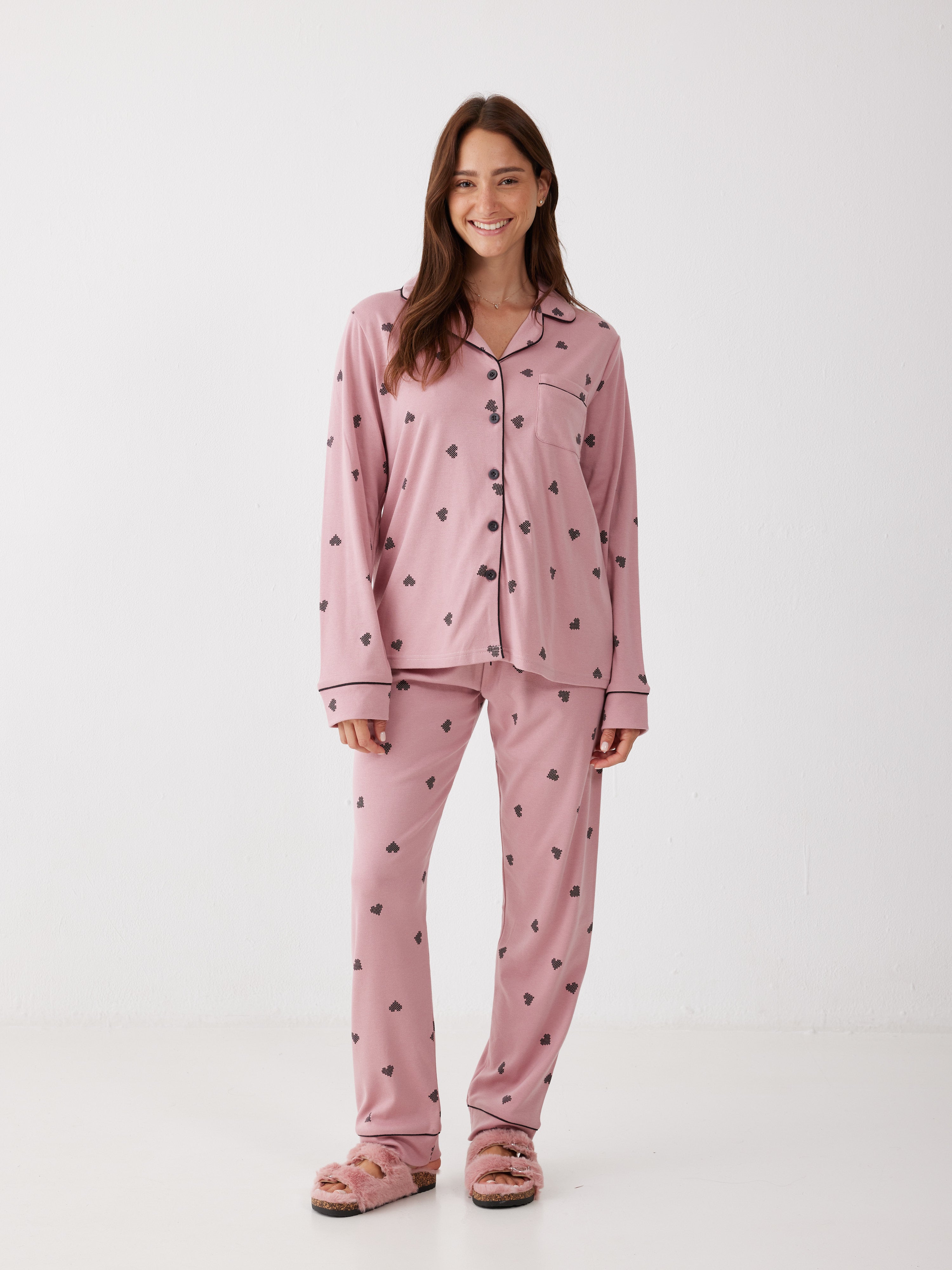 פיג'מה ויסוקזה מכופתרת - ורוד מעושן