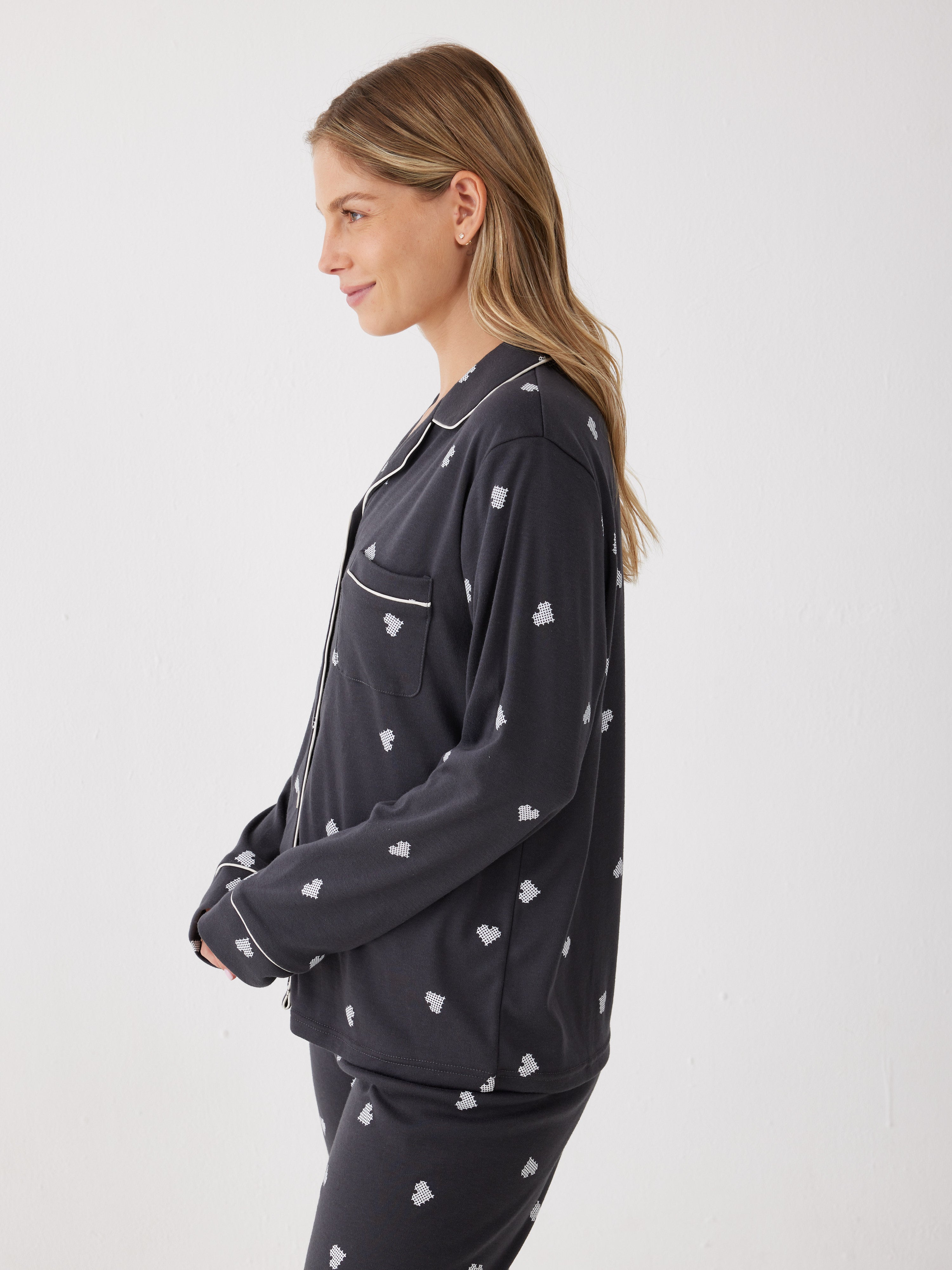 פיג'מה ויסוקזה מכופתרת - אפור כהה