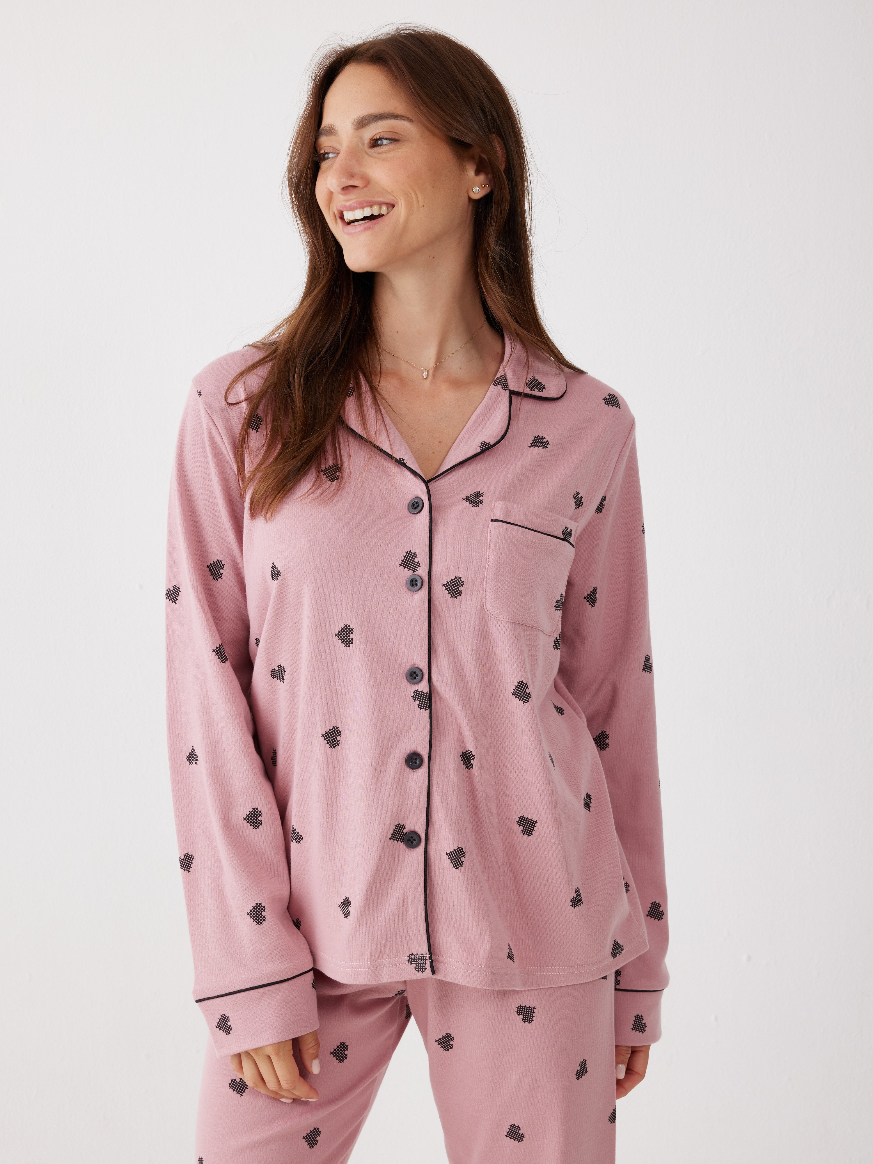 פיג'מה ויסוקזה מכופתרת - ורוד מעושן