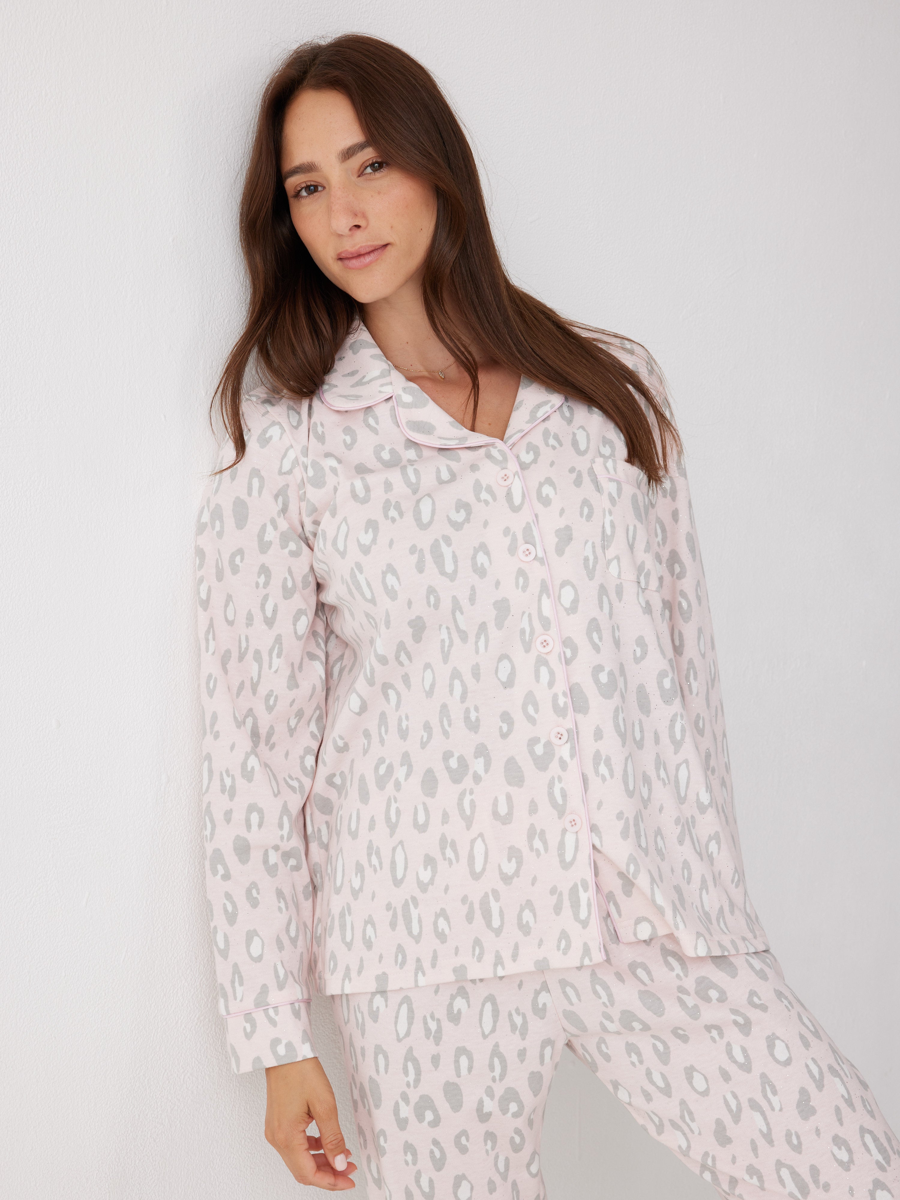 פיג'מה אינטרלוק מכופתרת - ורוד