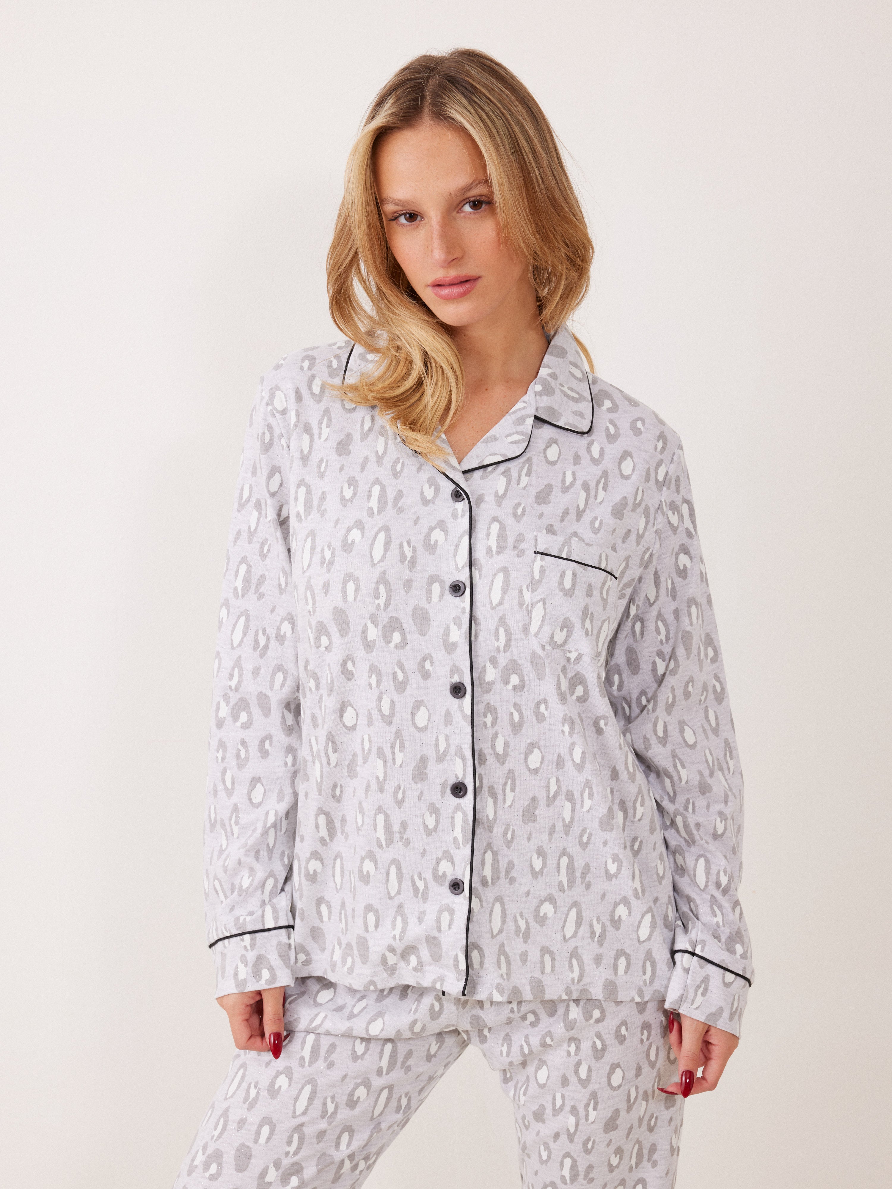 פיג'מה אינטרלוק מכופתרת - אפור מלאנז*